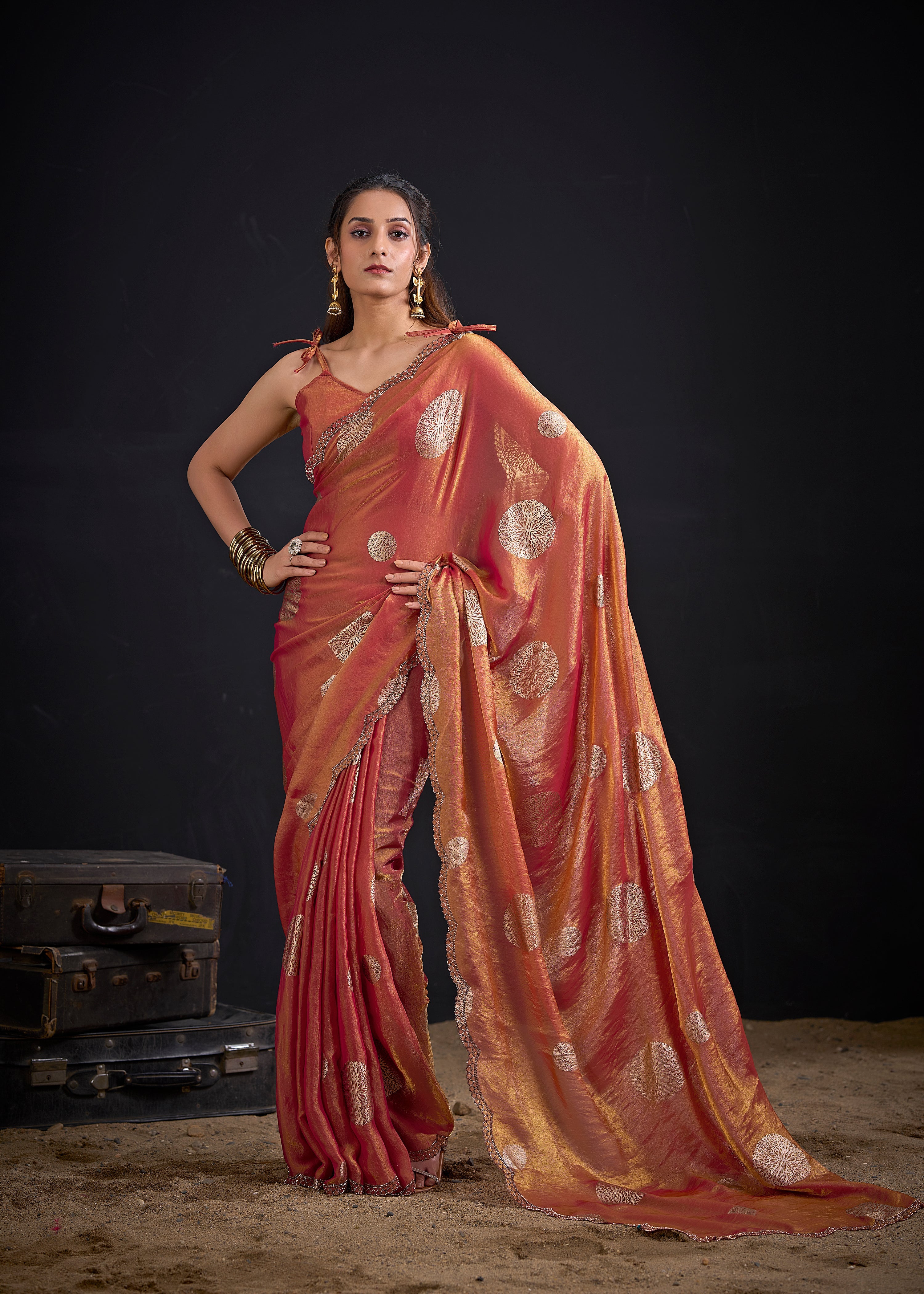 Coral Gold Embellished Satin Silk Saree