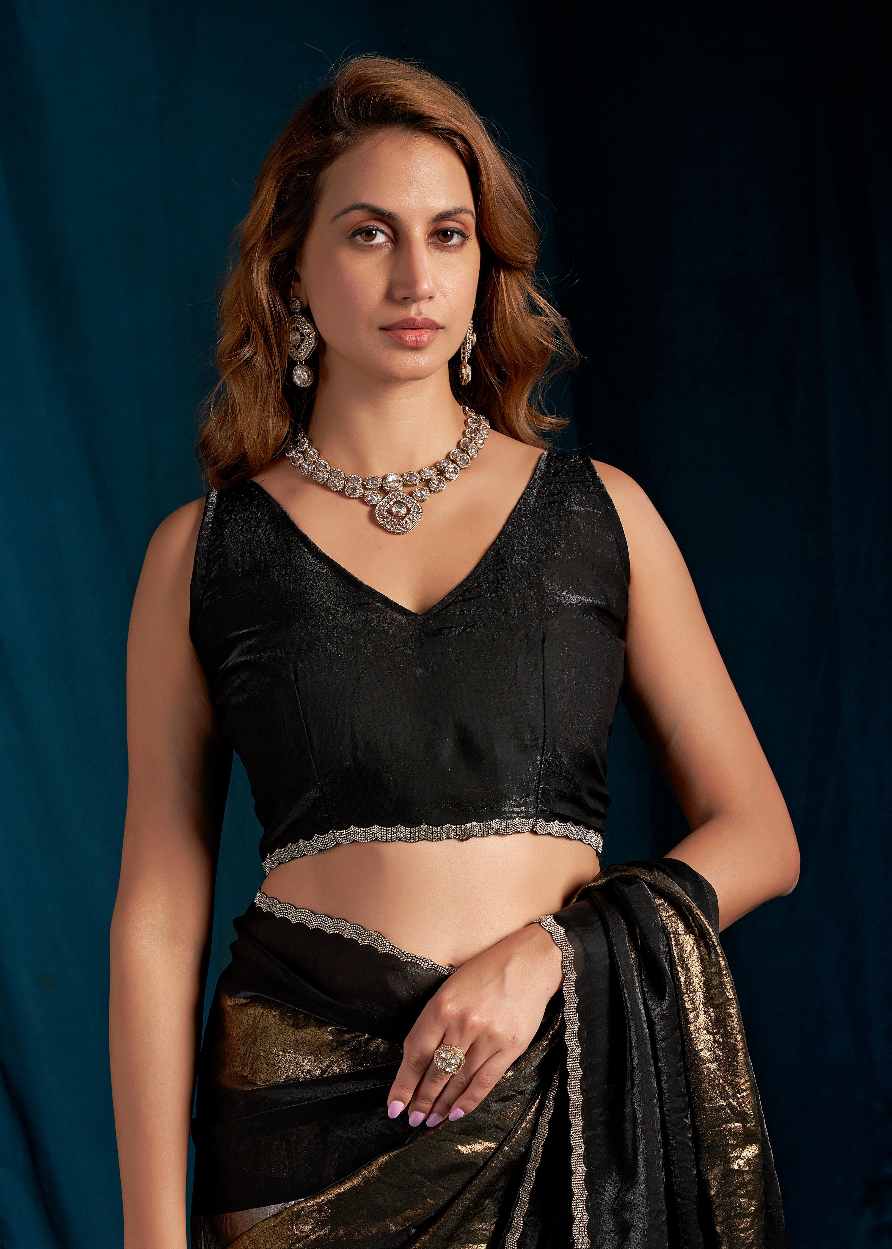 Metallic Black Embellished Satin Silk Saree