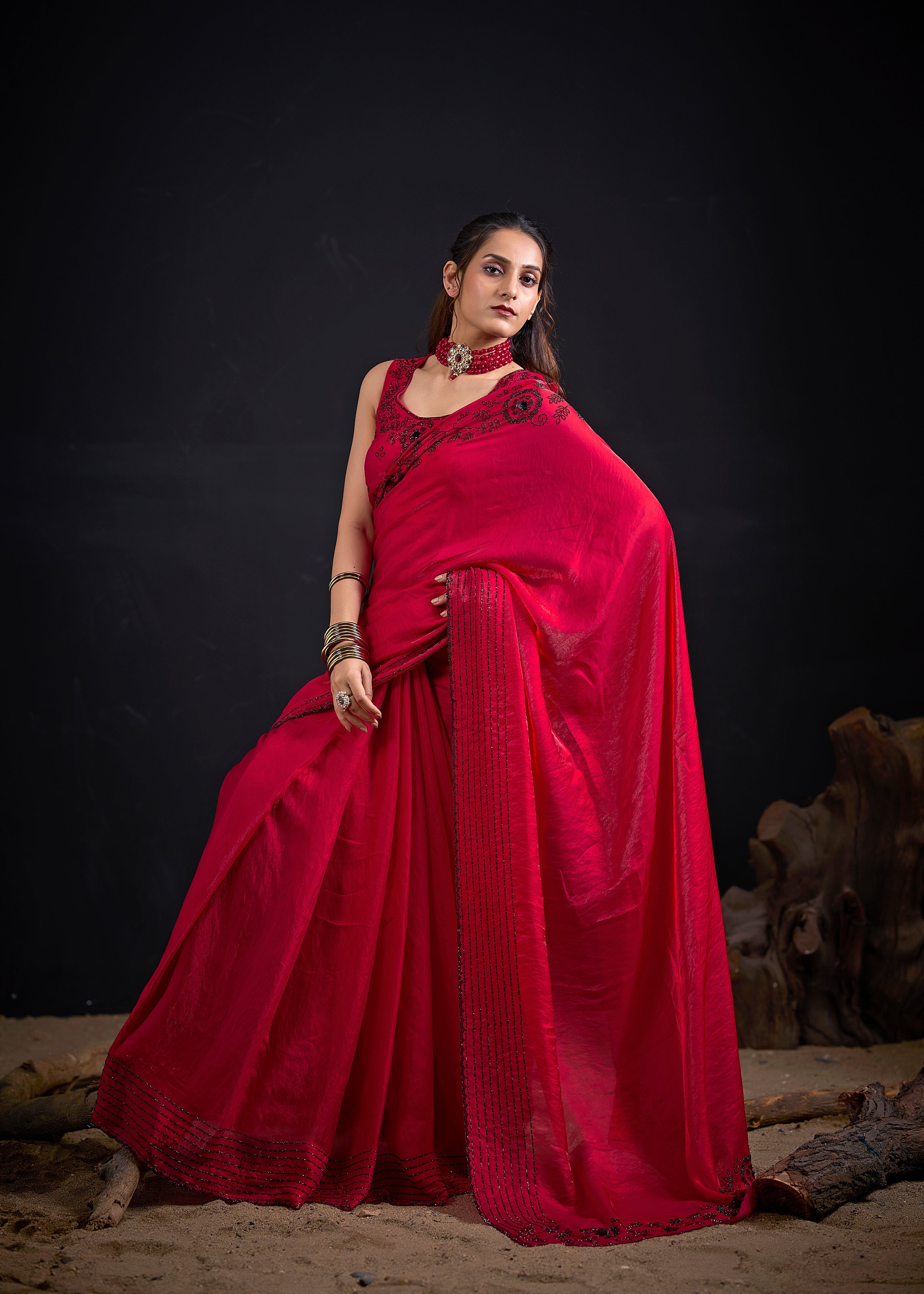 Cherry Red Embellished Tissue Silk Saree