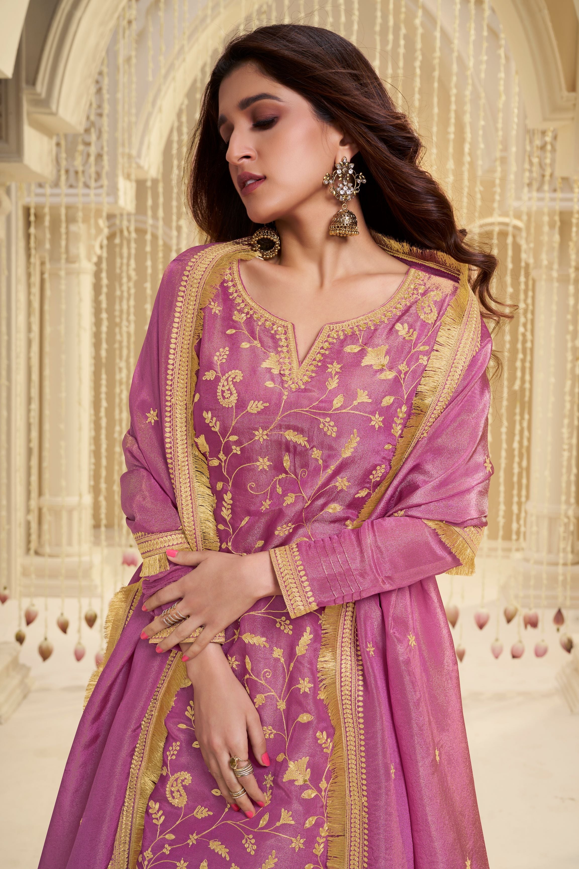 Golden Pink Banarasi Kurta & Palazzo Set