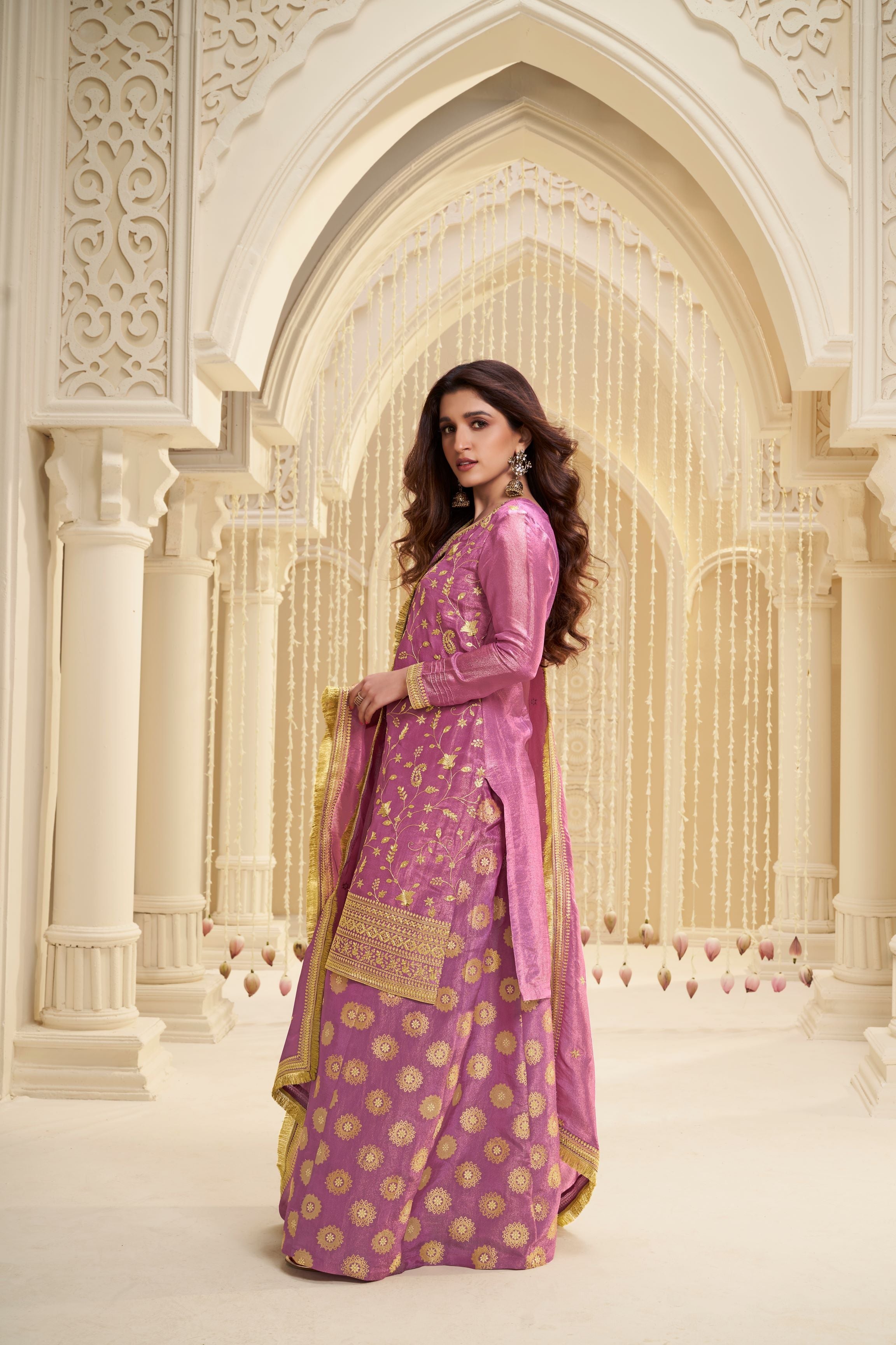 Golden Pink Banarasi Kurta & Palazzo Set