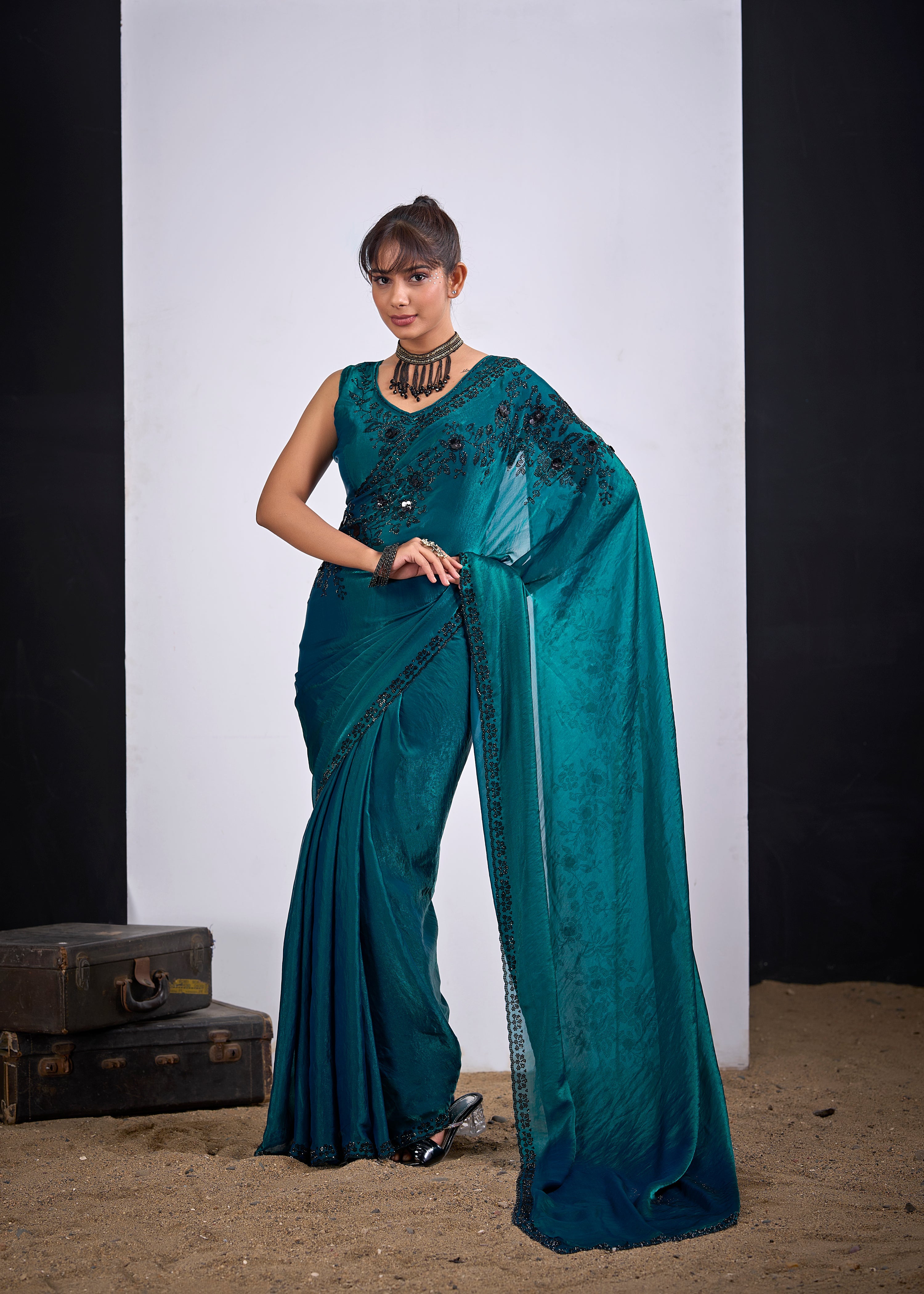 Teal Blue Floral Embellished Tissue Silk Saree