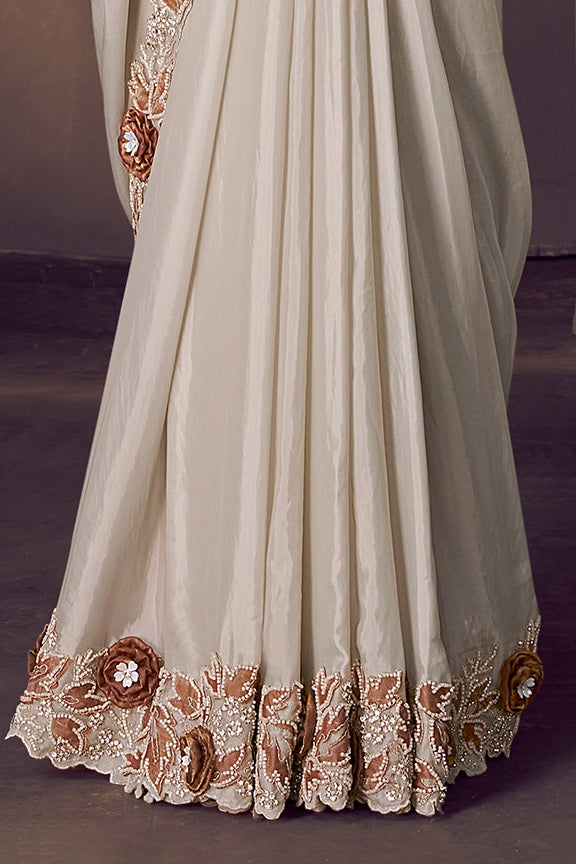 White Smoke Embellished Satin Silk Saree