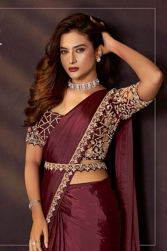 Claret Maroon Embellished Premium Silk Saree
