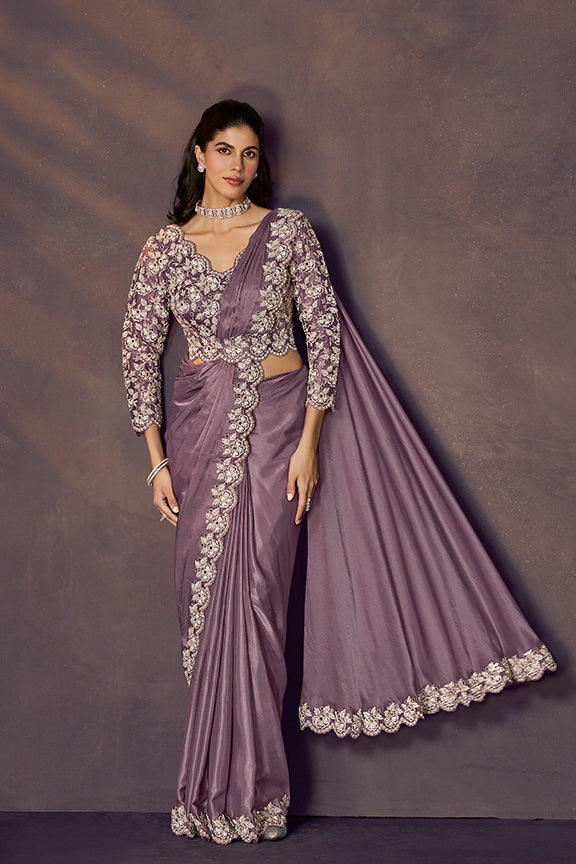 Dusty Mauve Embellished Satin Silk Saree