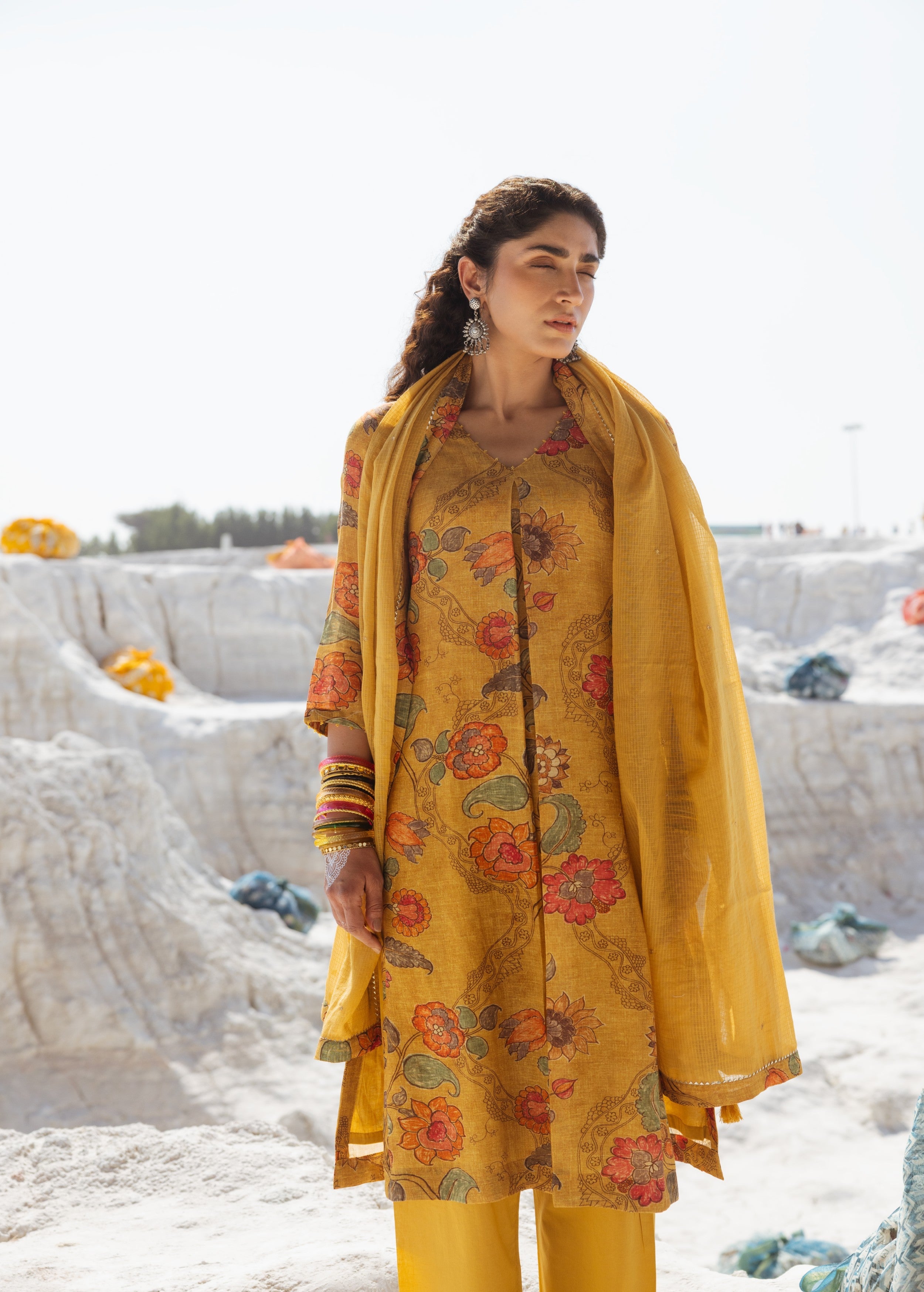 Mustard Yellow Printed Premium Linen Pant Set