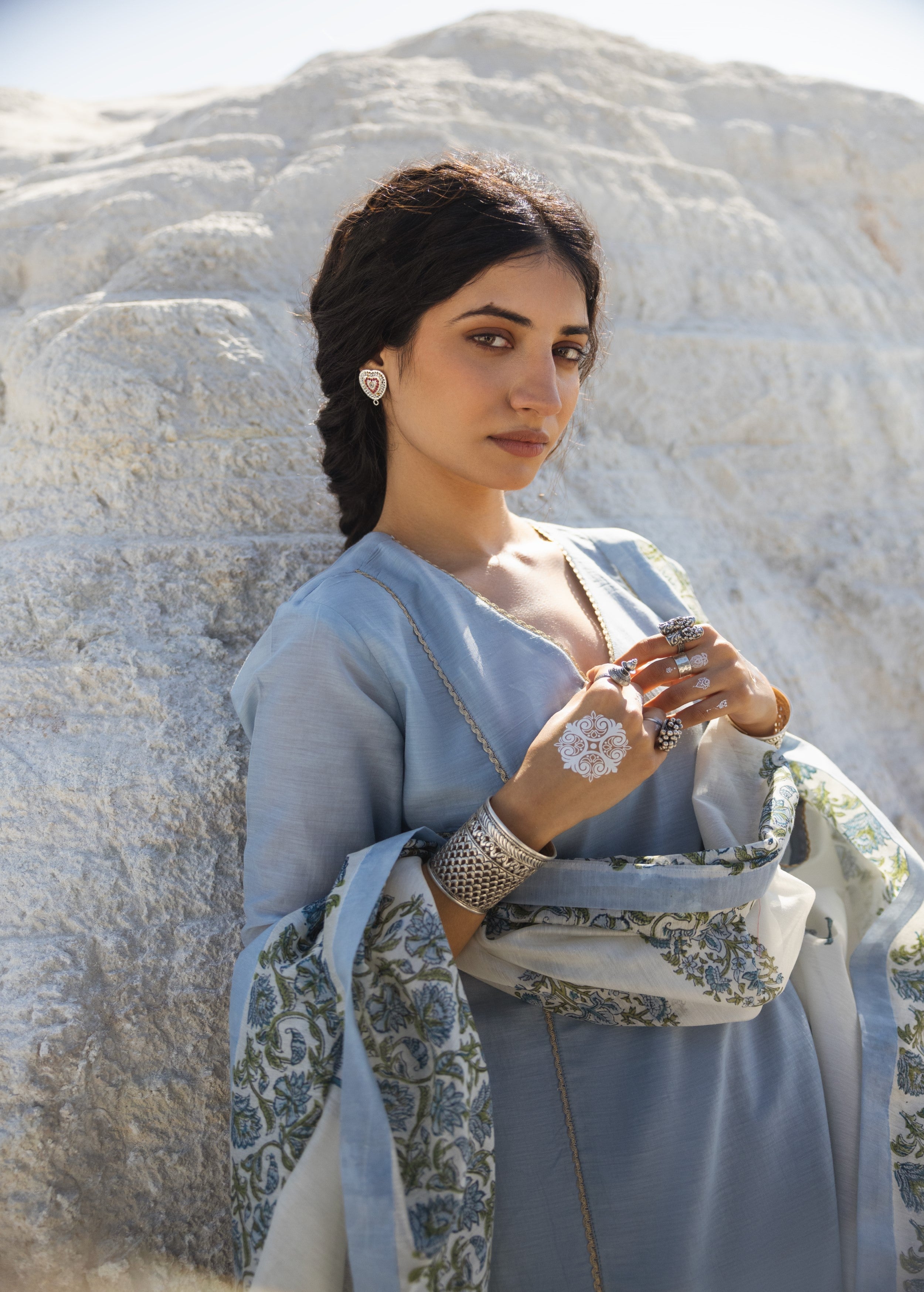 Powder Blue Embroidered Mul-Chanderi Silk Pant Set