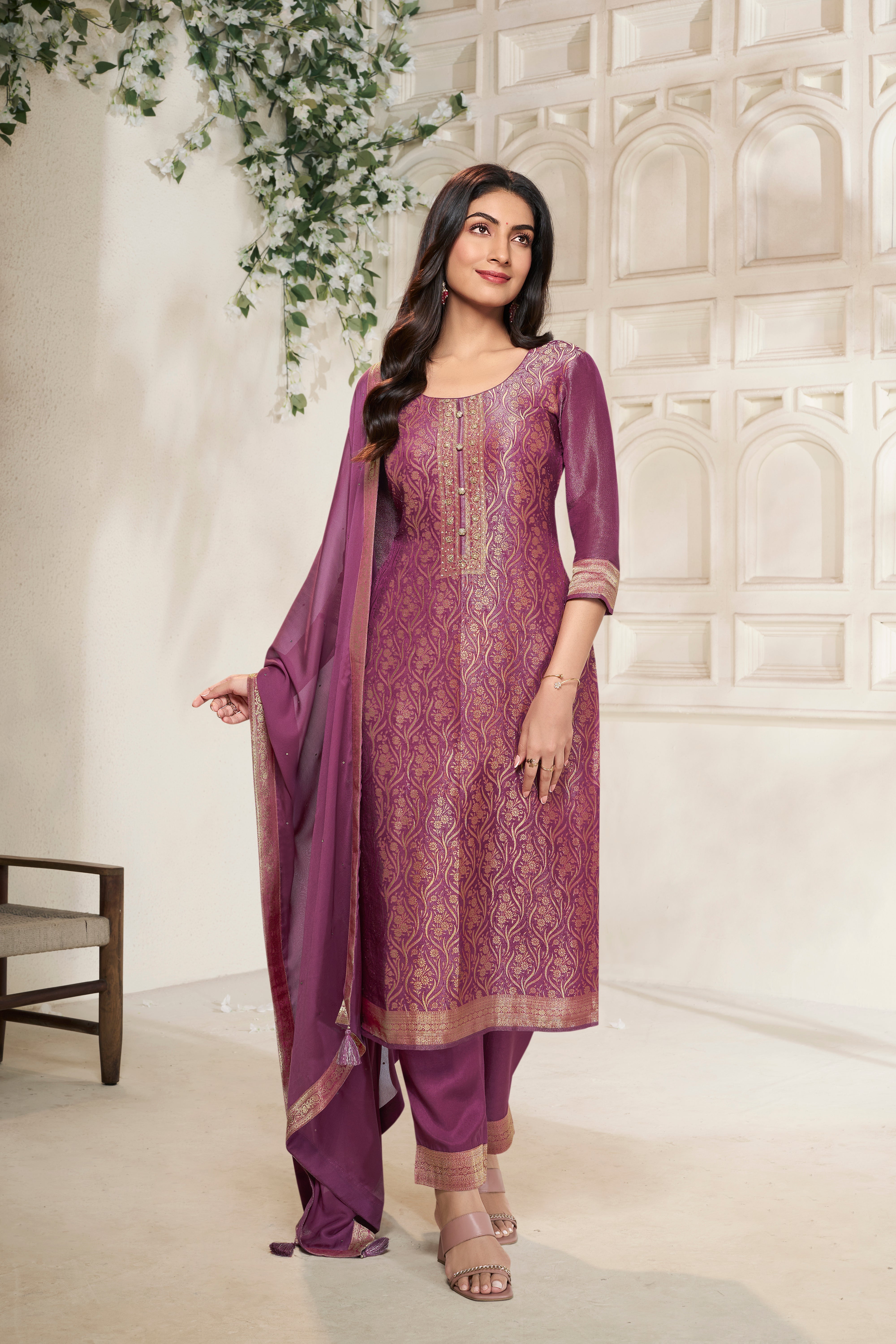 Deep Mauve Tissue Silk Kurta & Pant Set