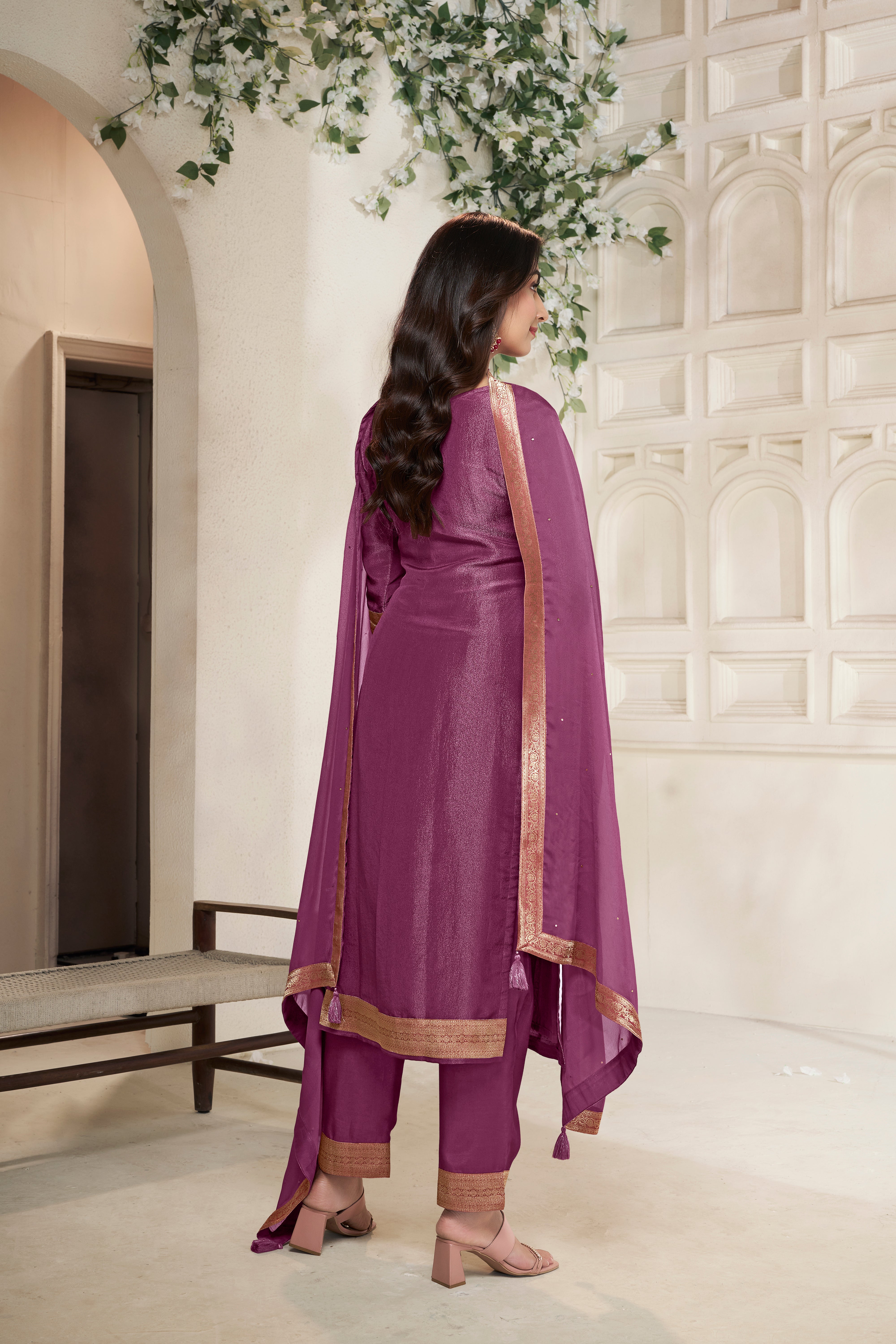 Deep Mauve Tissue Silk Kurta & Pant Set