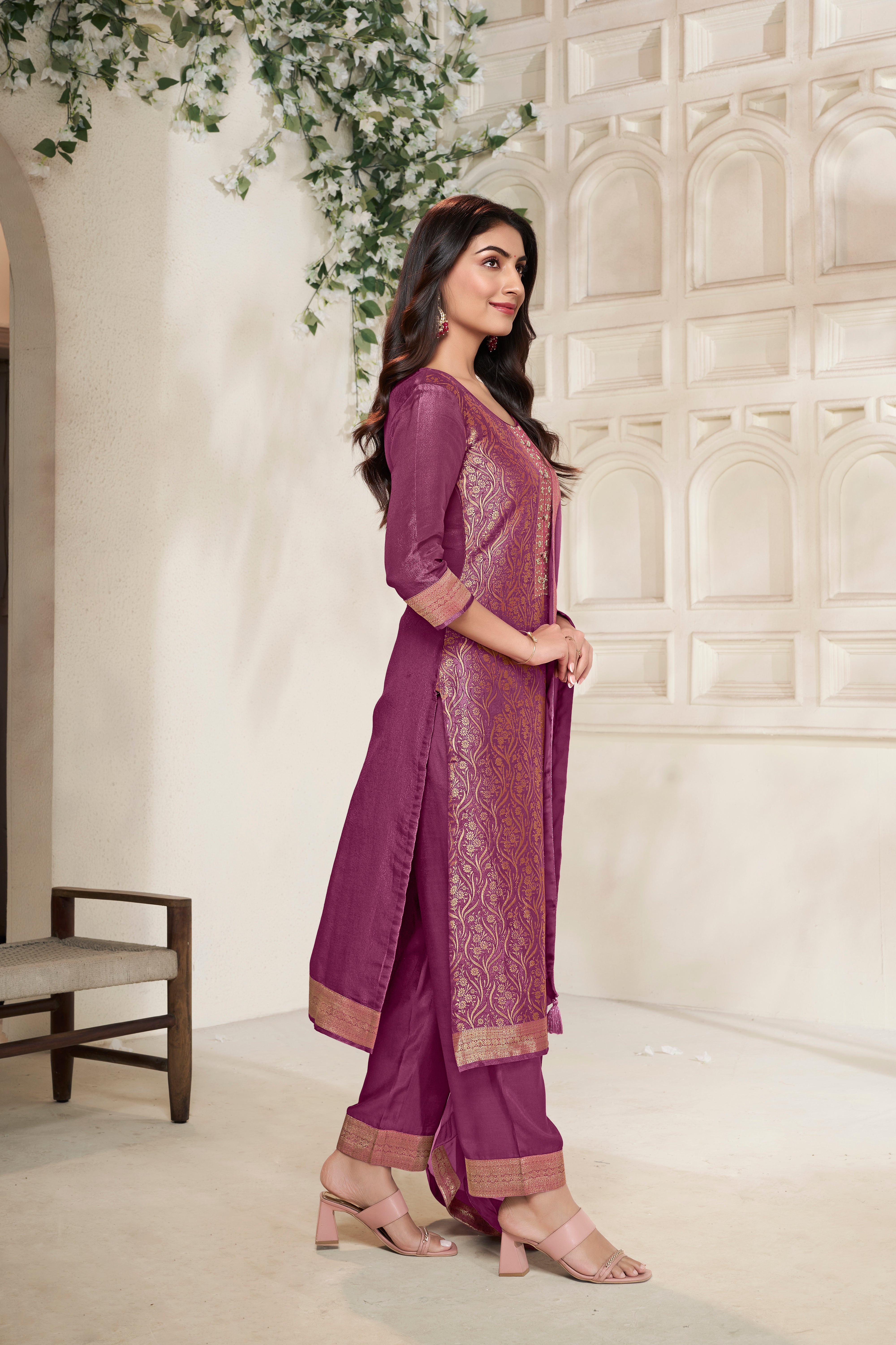 Deep Mauve Tissue Silk Kurta & Pant Set