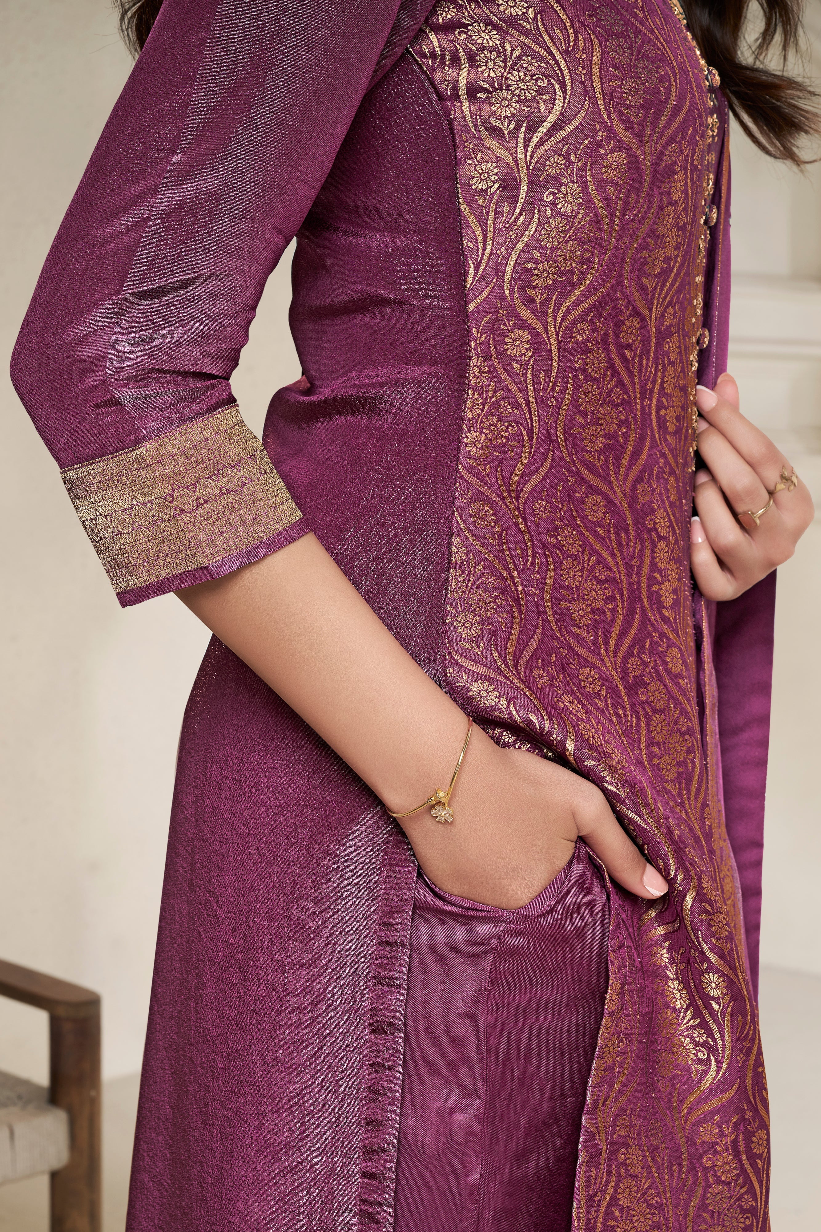 Deep Mauve Tissue Silk Kurta & Pant Set
