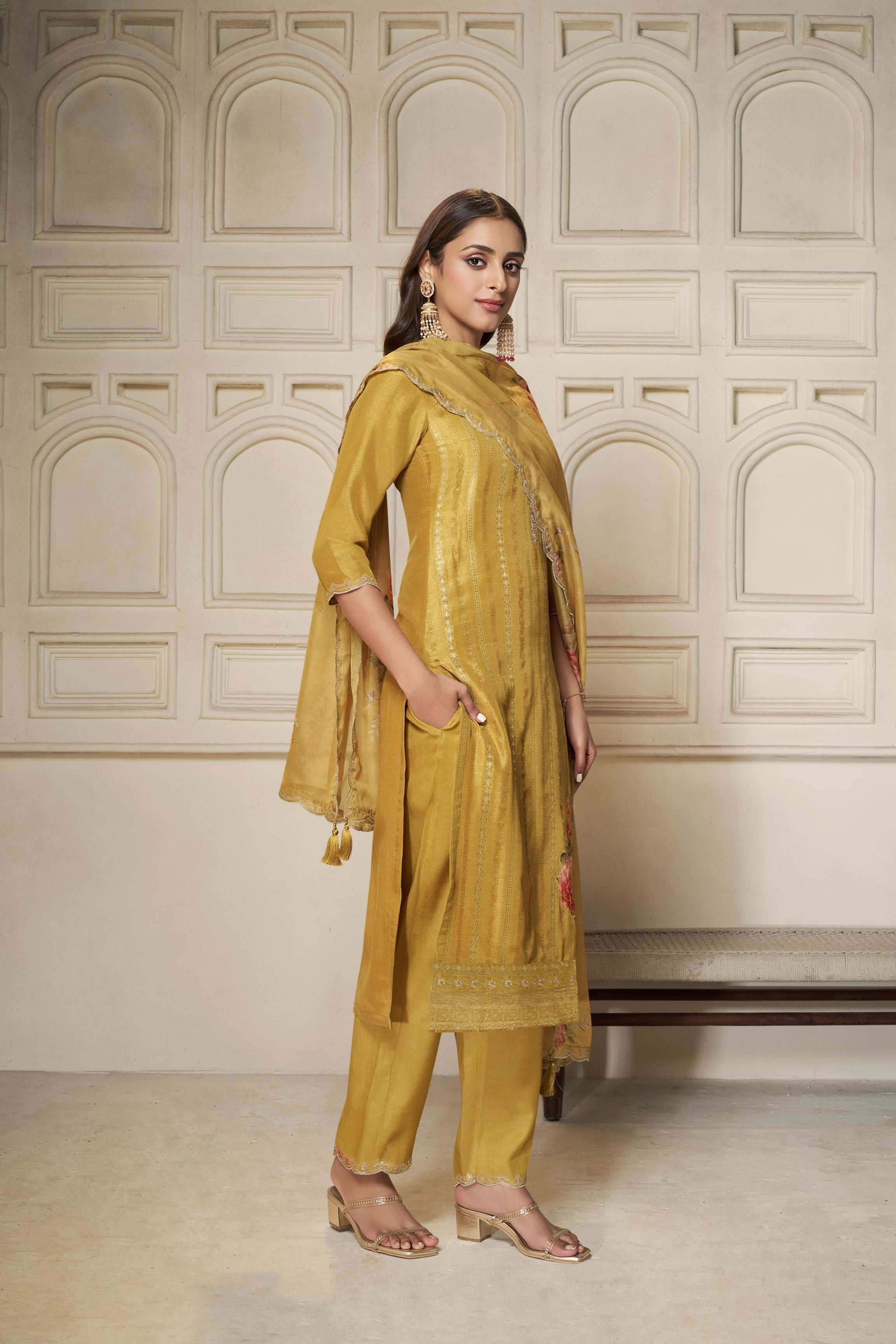 Mustard Dola Silk Kurta & Pant Set