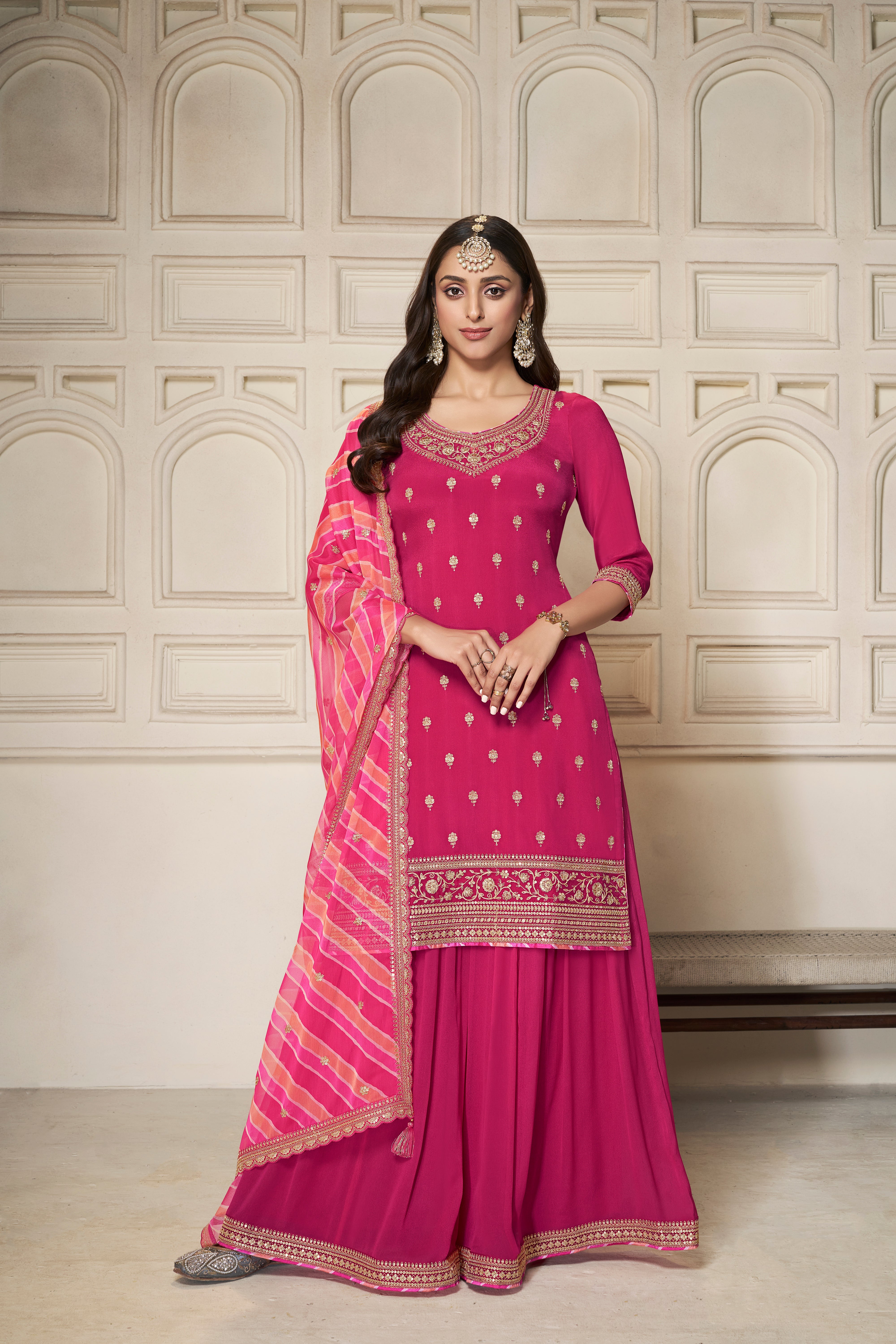 Crimson Pink Leheriya Kurta & Palazzo Set