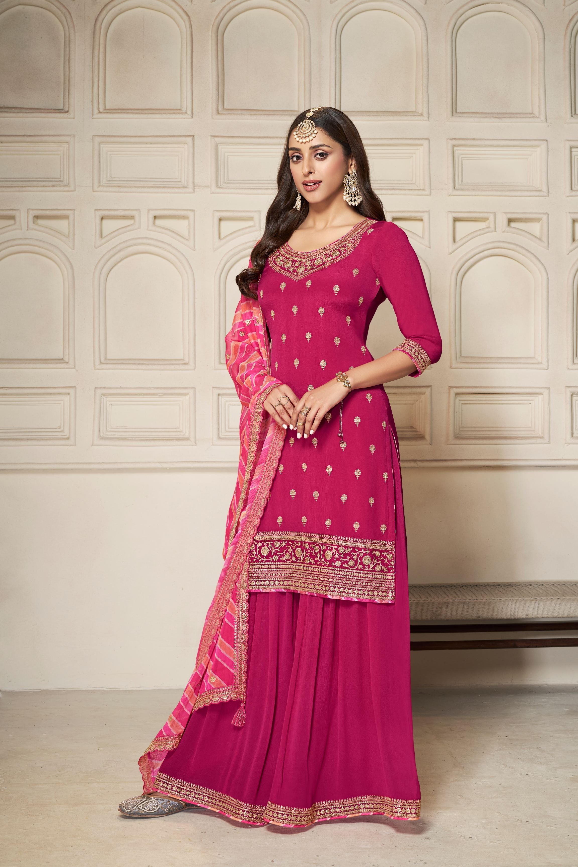 Crimson Pink Leheriya Kurta & Palazzo Set