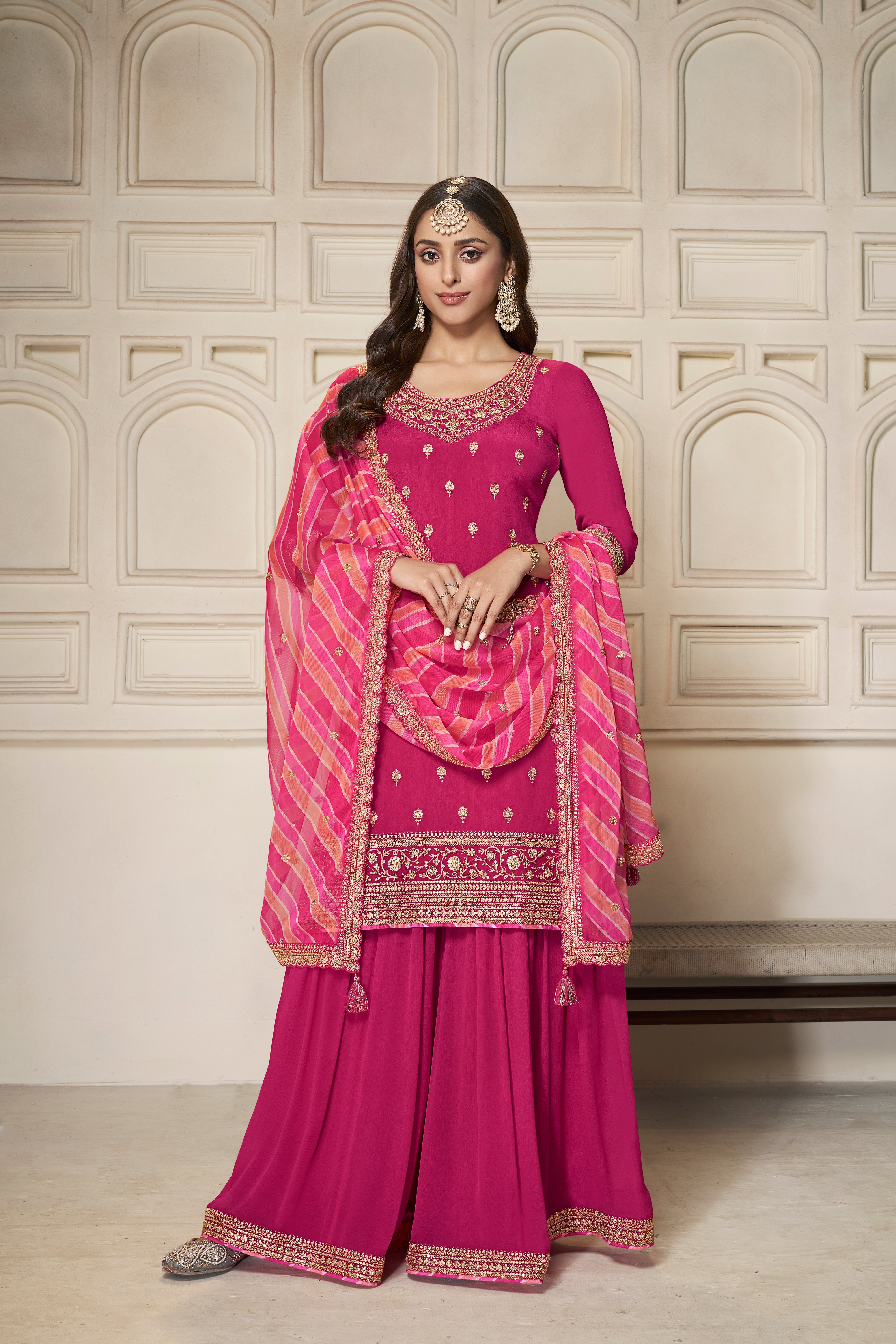Crimson Pink Leheriya Kurta & Palazzo Set