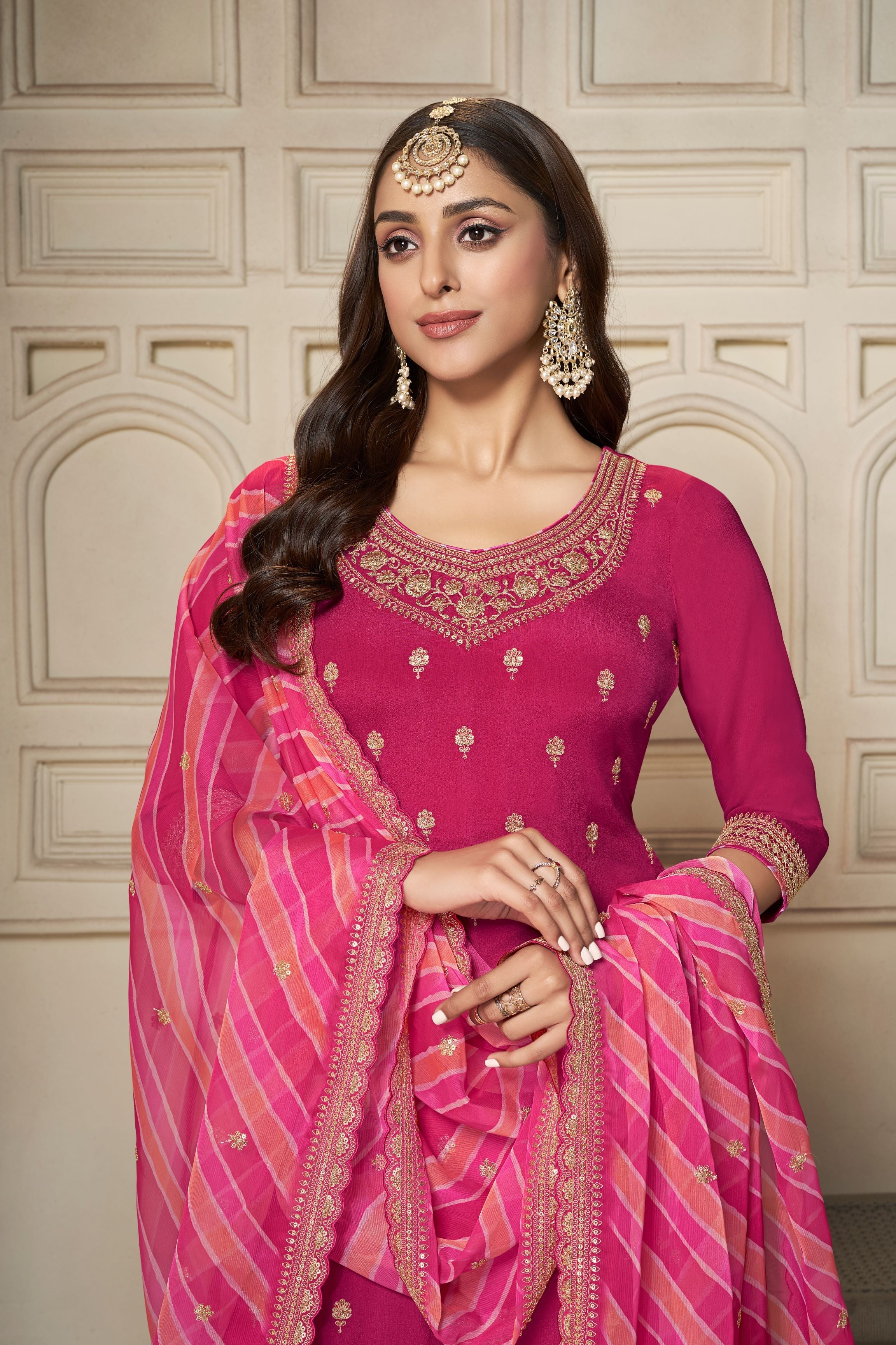 Crimson Pink Leheriya Kurta & Palazzo Set