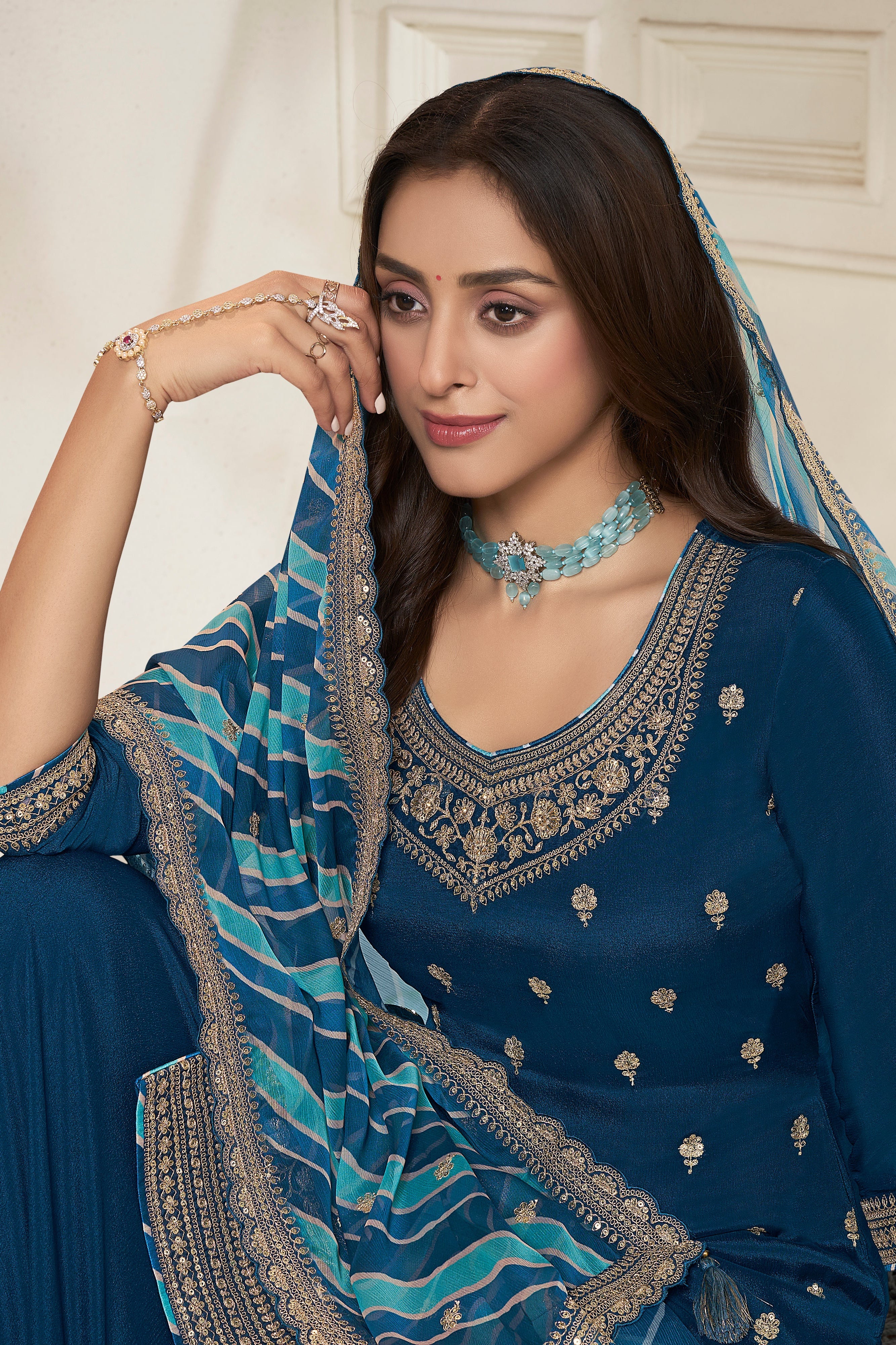 Sapphire Blue Leheriya Kurta & Palazzo Set