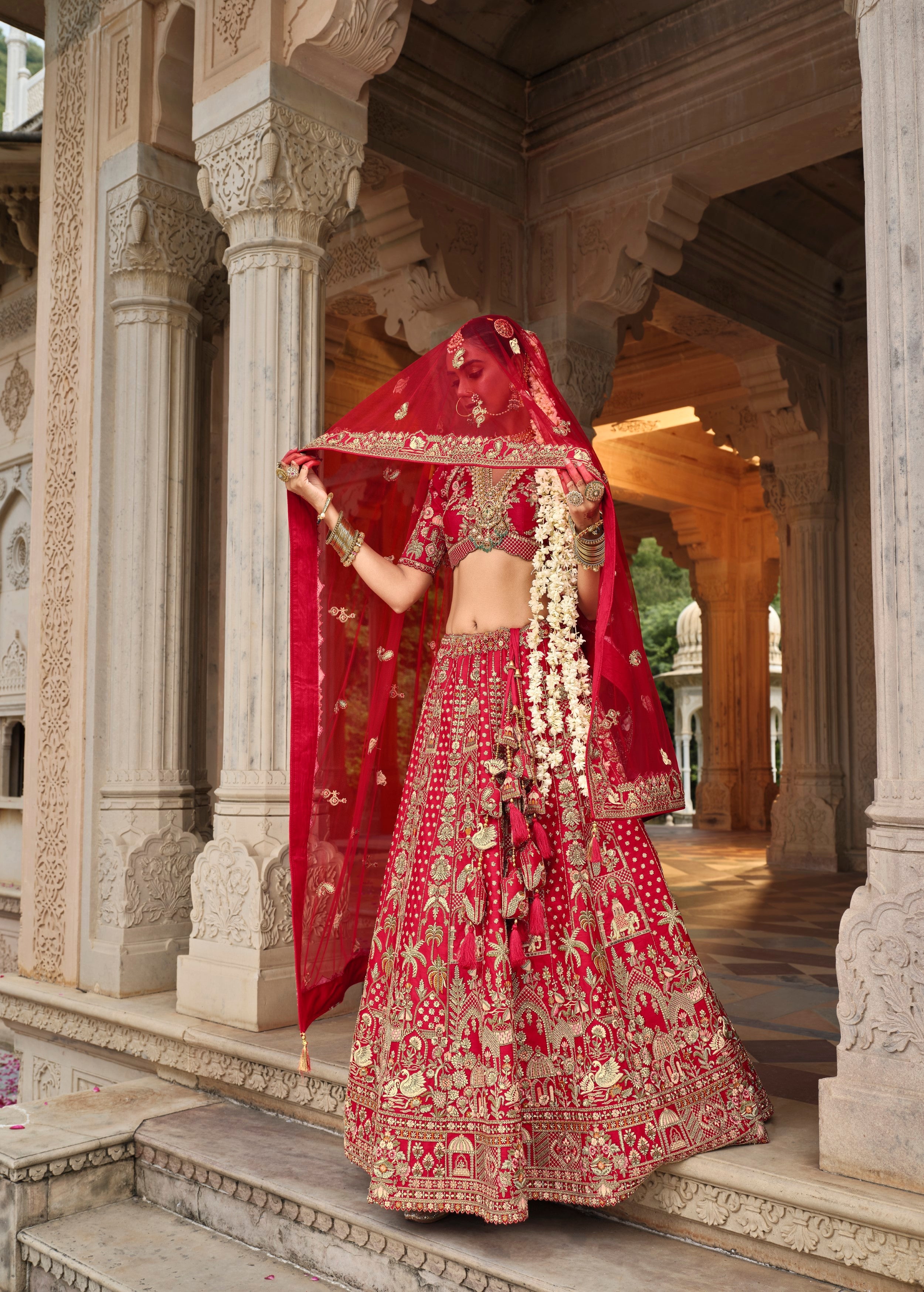 Scarlet Red Embellished Premium Silk Bridal Lehenga Set