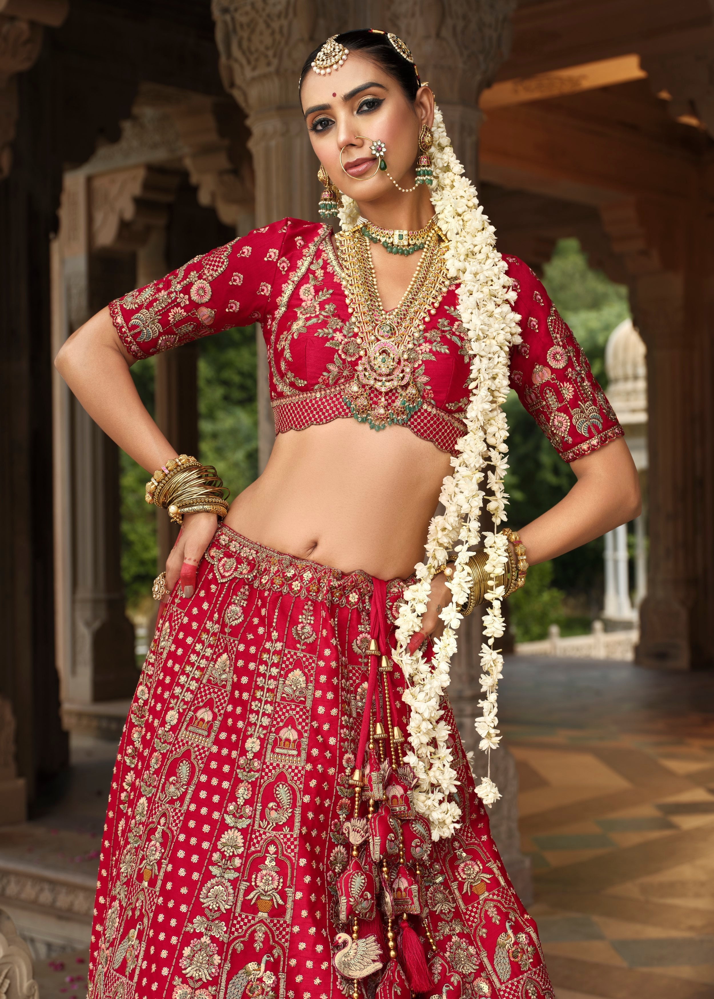 Scarlet Red Embellished Premium Silk Bridal Lehenga Set