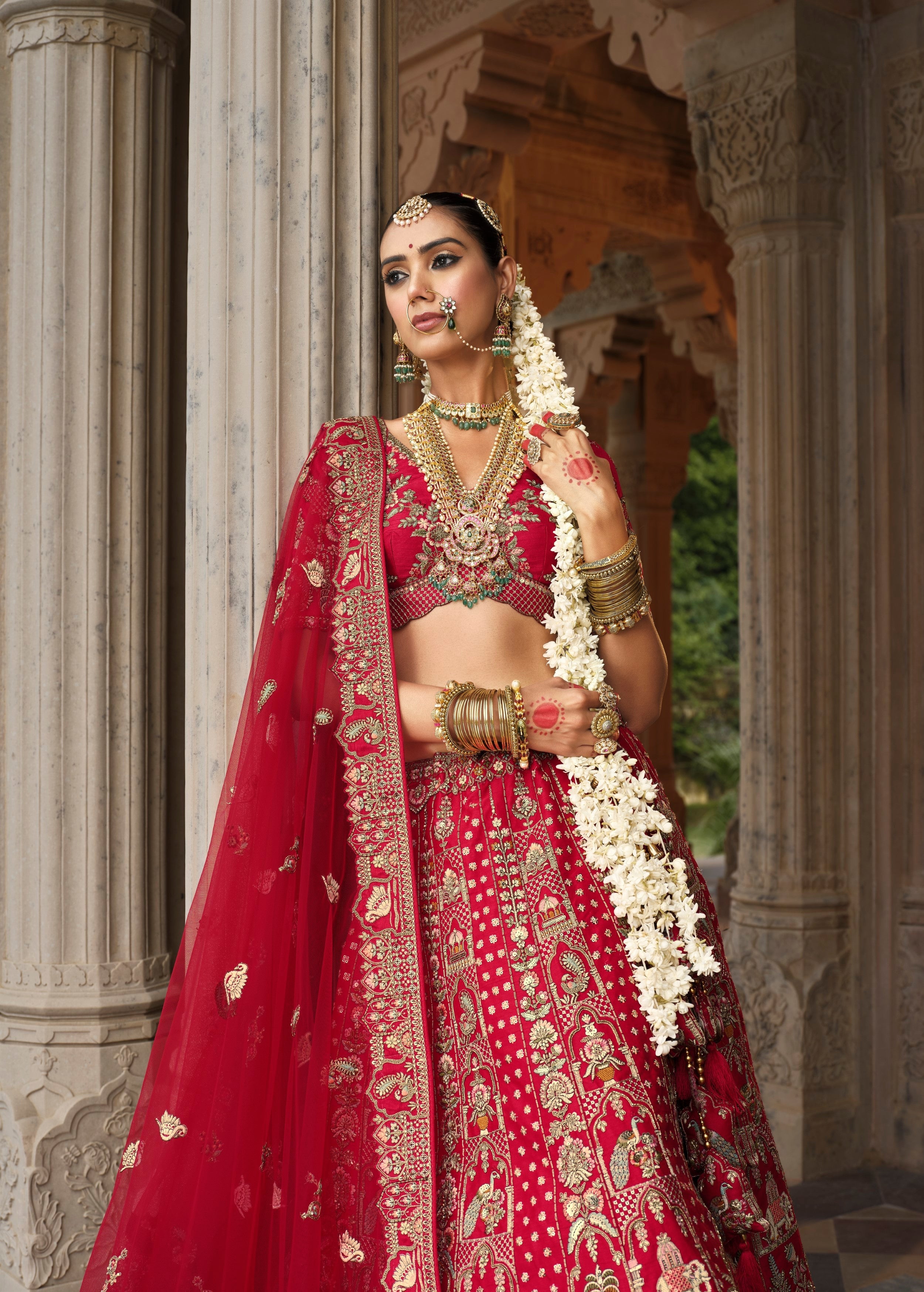 Scarlet Red Embellished Premium Silk Bridal Lehenga Set