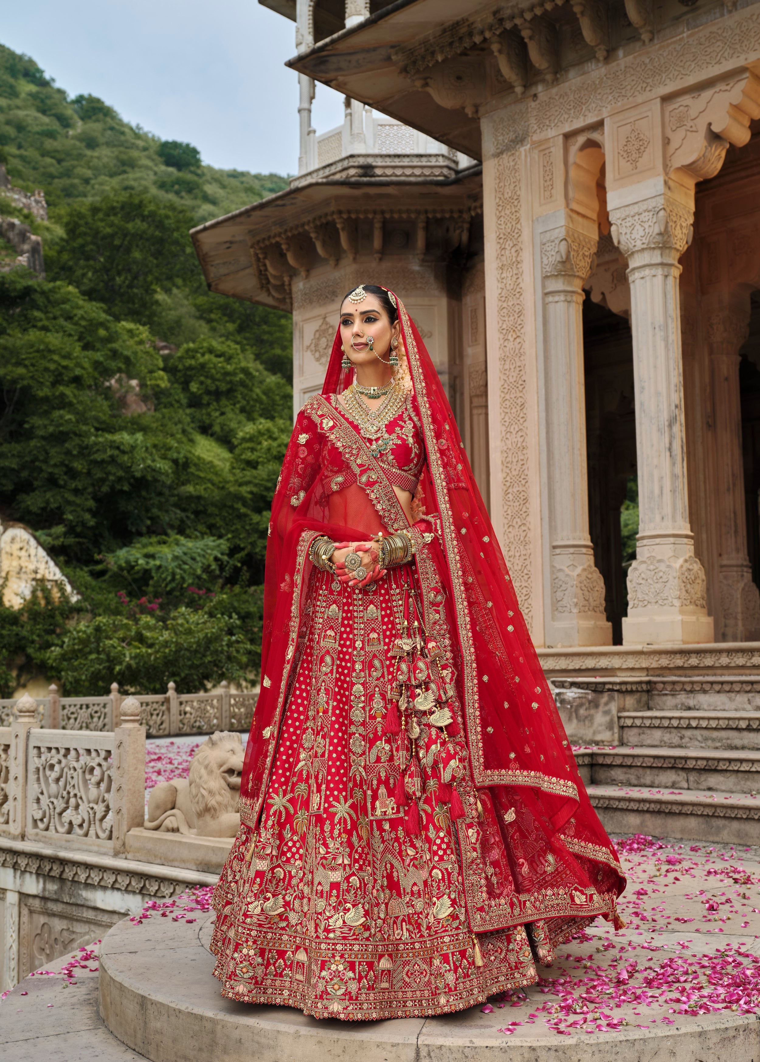 Scarlet Red Embellished Premium Silk Bridal Lehenga Set