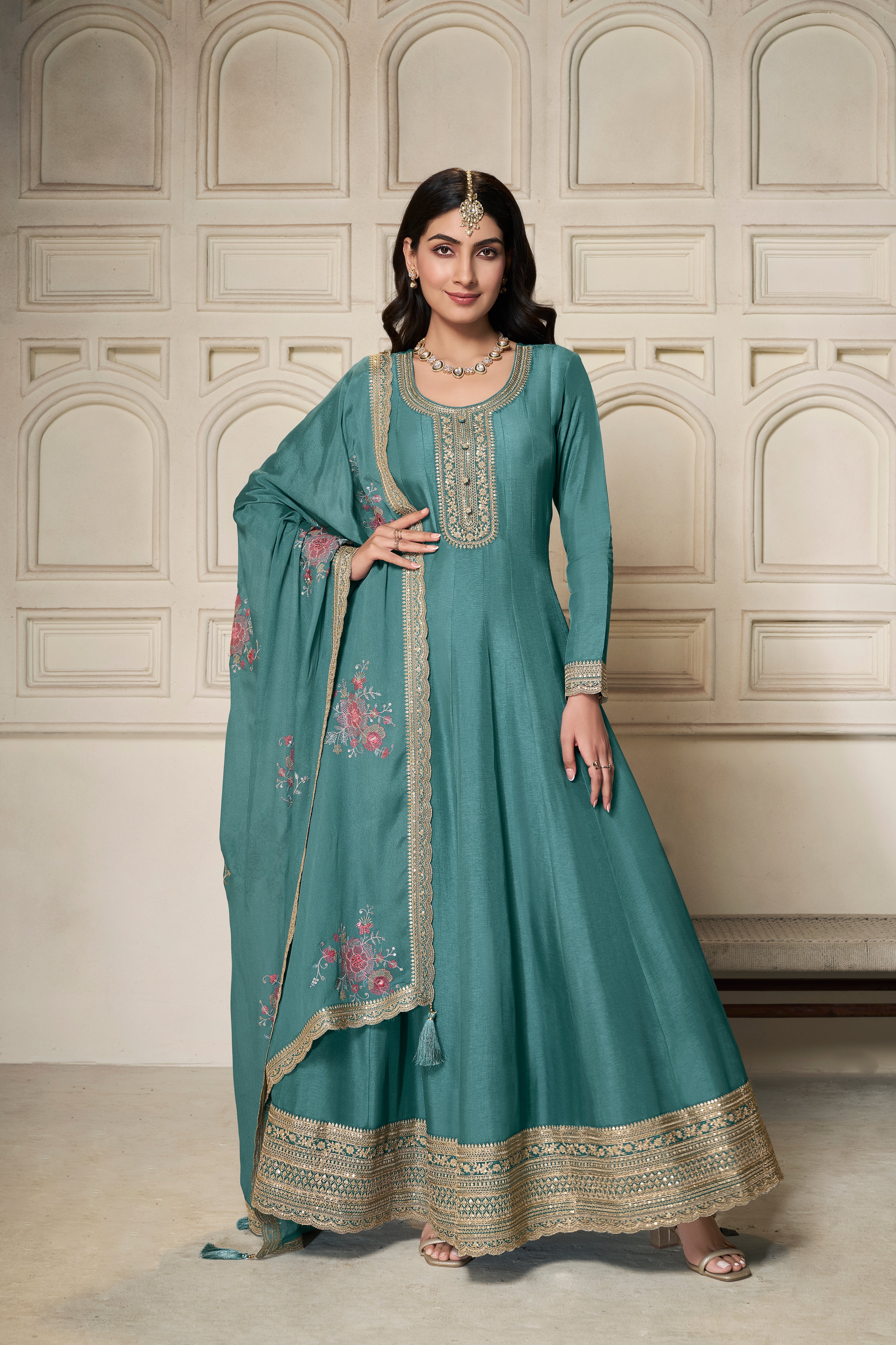 Teal Dola Silk Anarkali Set