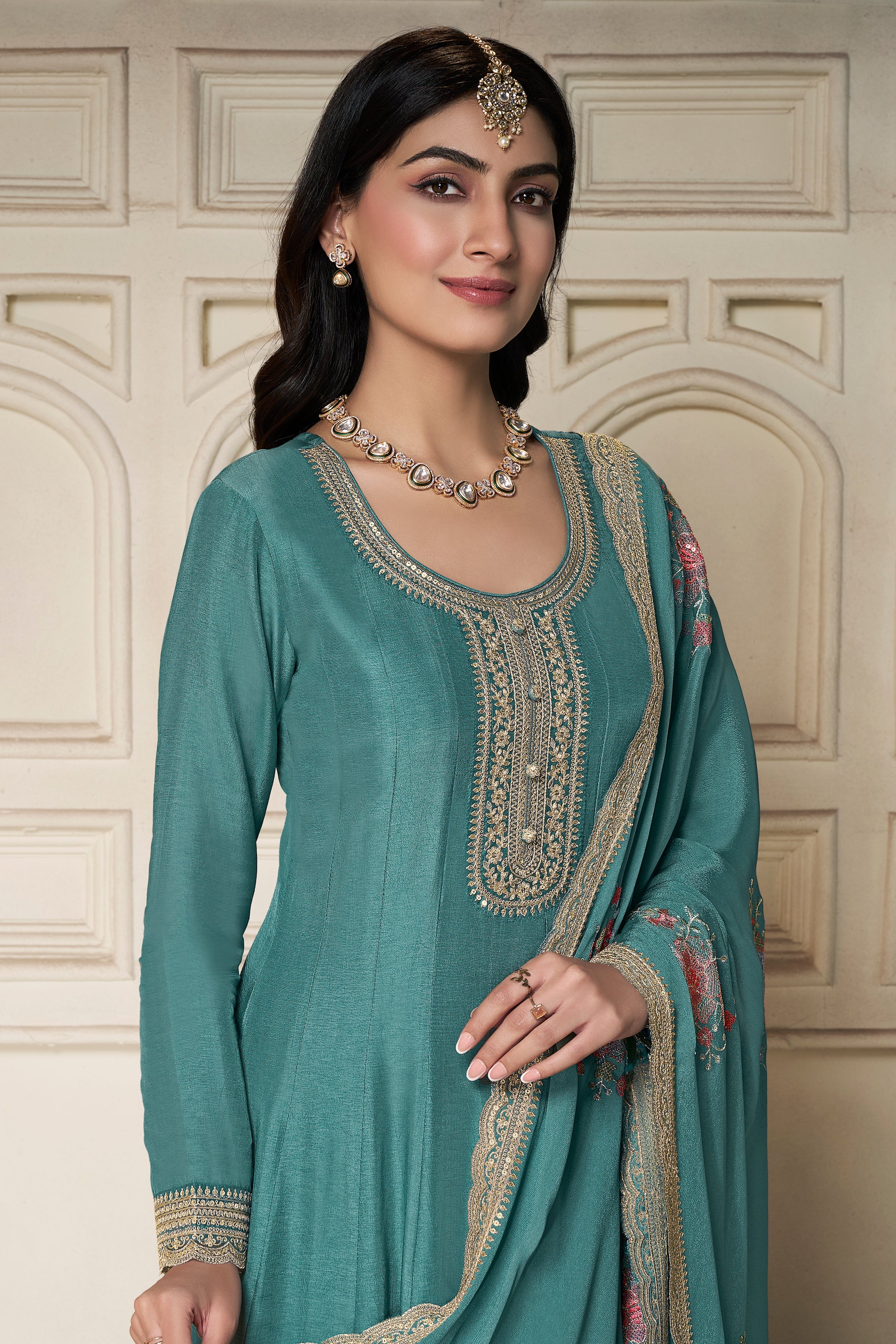 Teal Dola Silk Anarkali Set