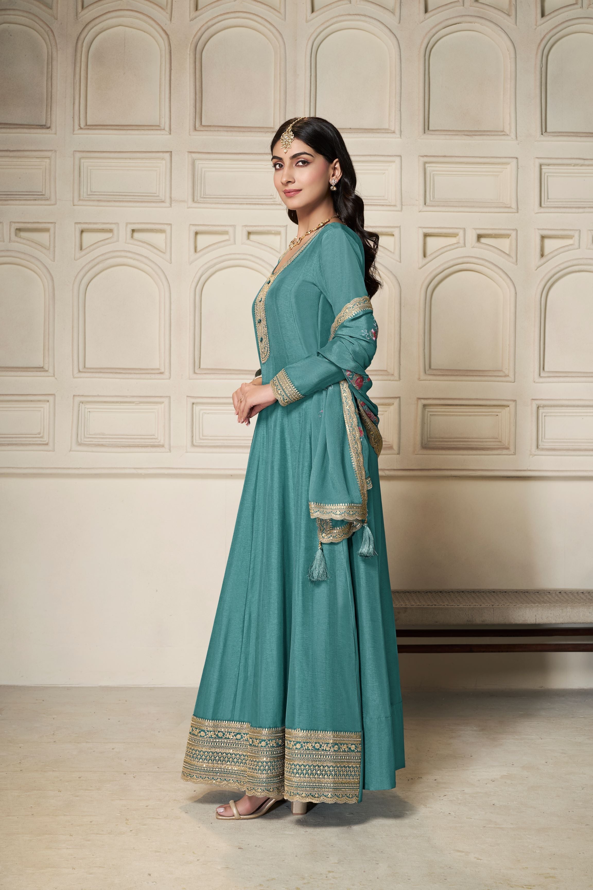 Teal Dola Silk Anarkali Set