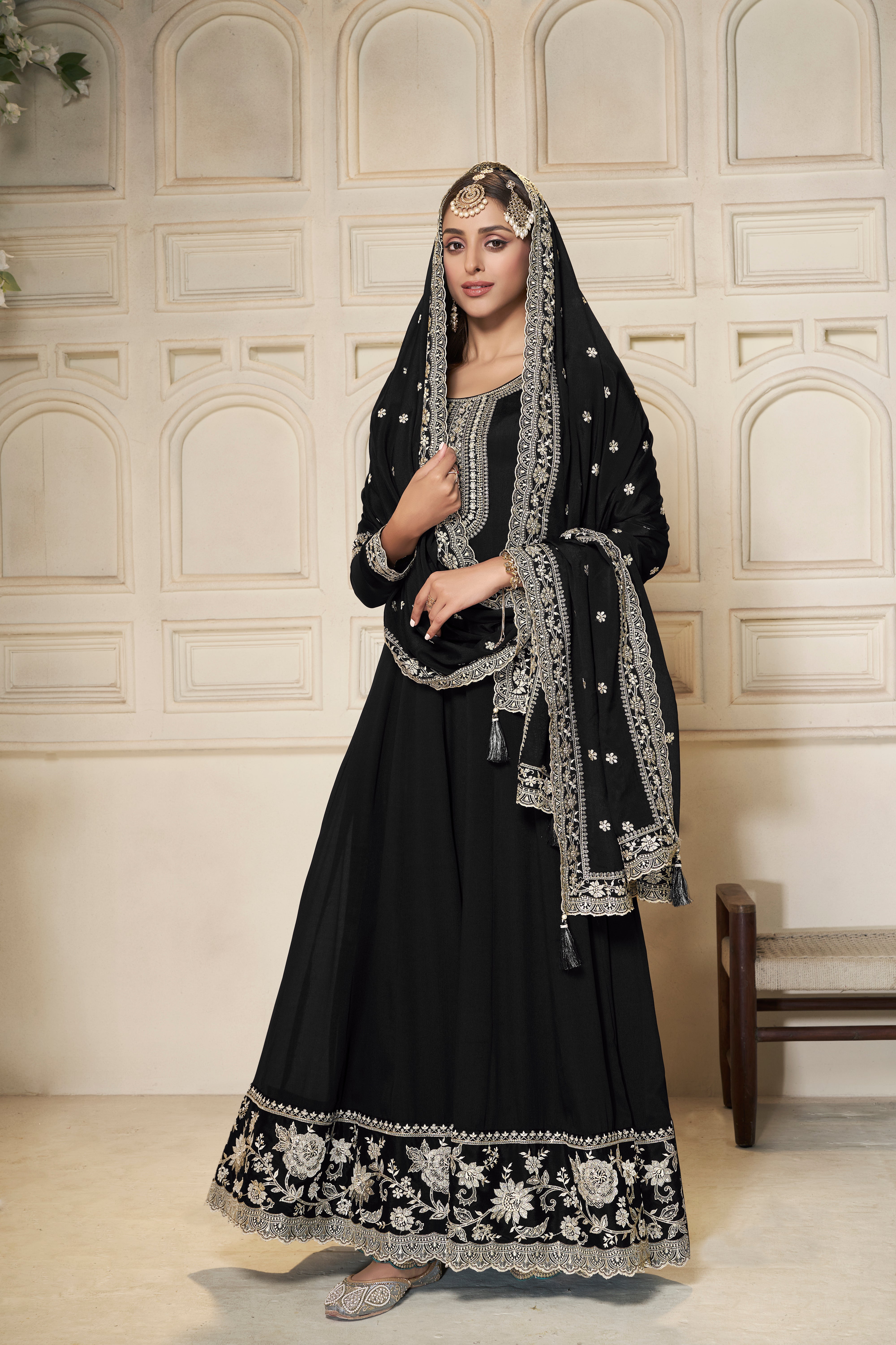 Black Embroidered Anarkali Set