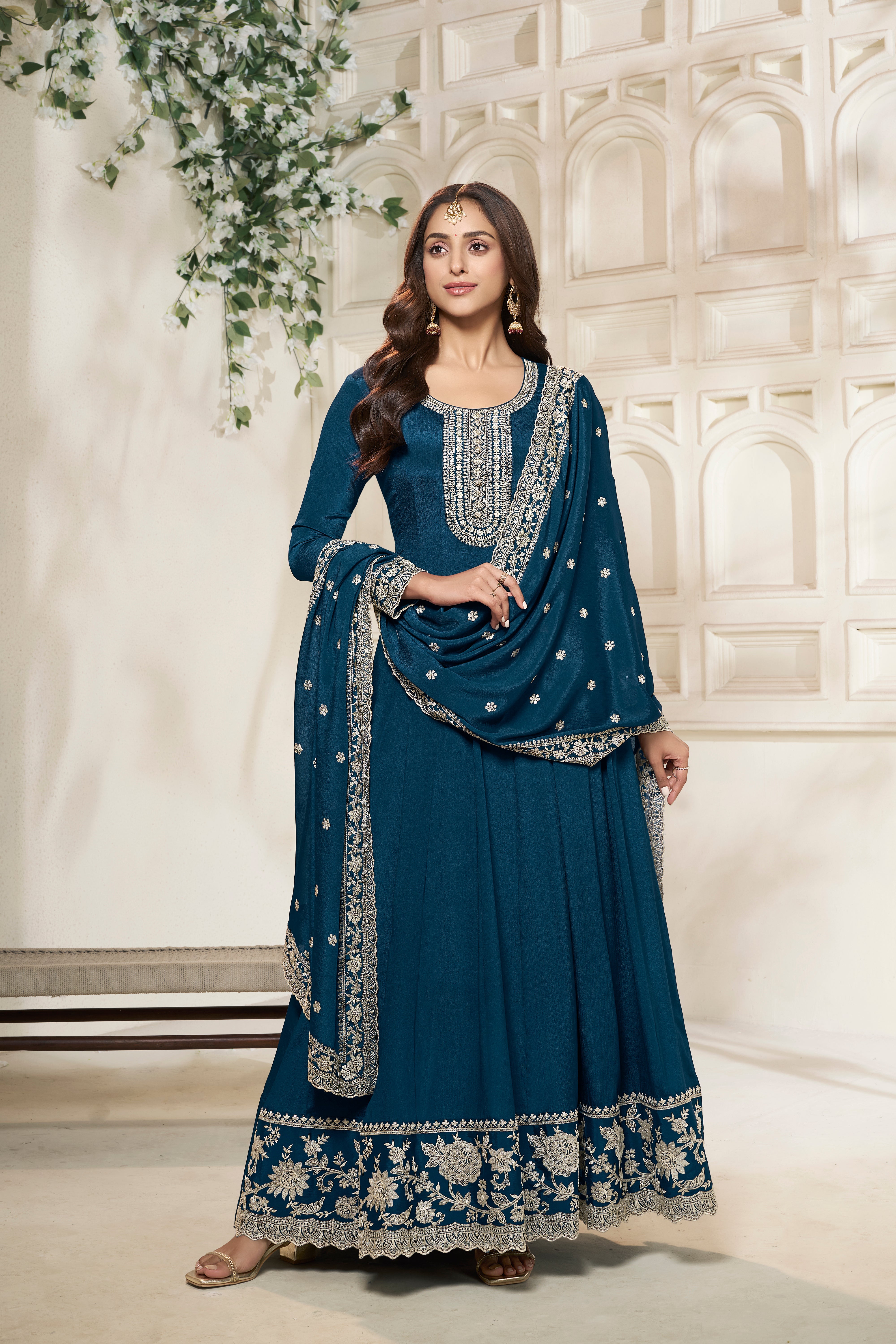 Crystal Teal Embroidered Anarkali Set