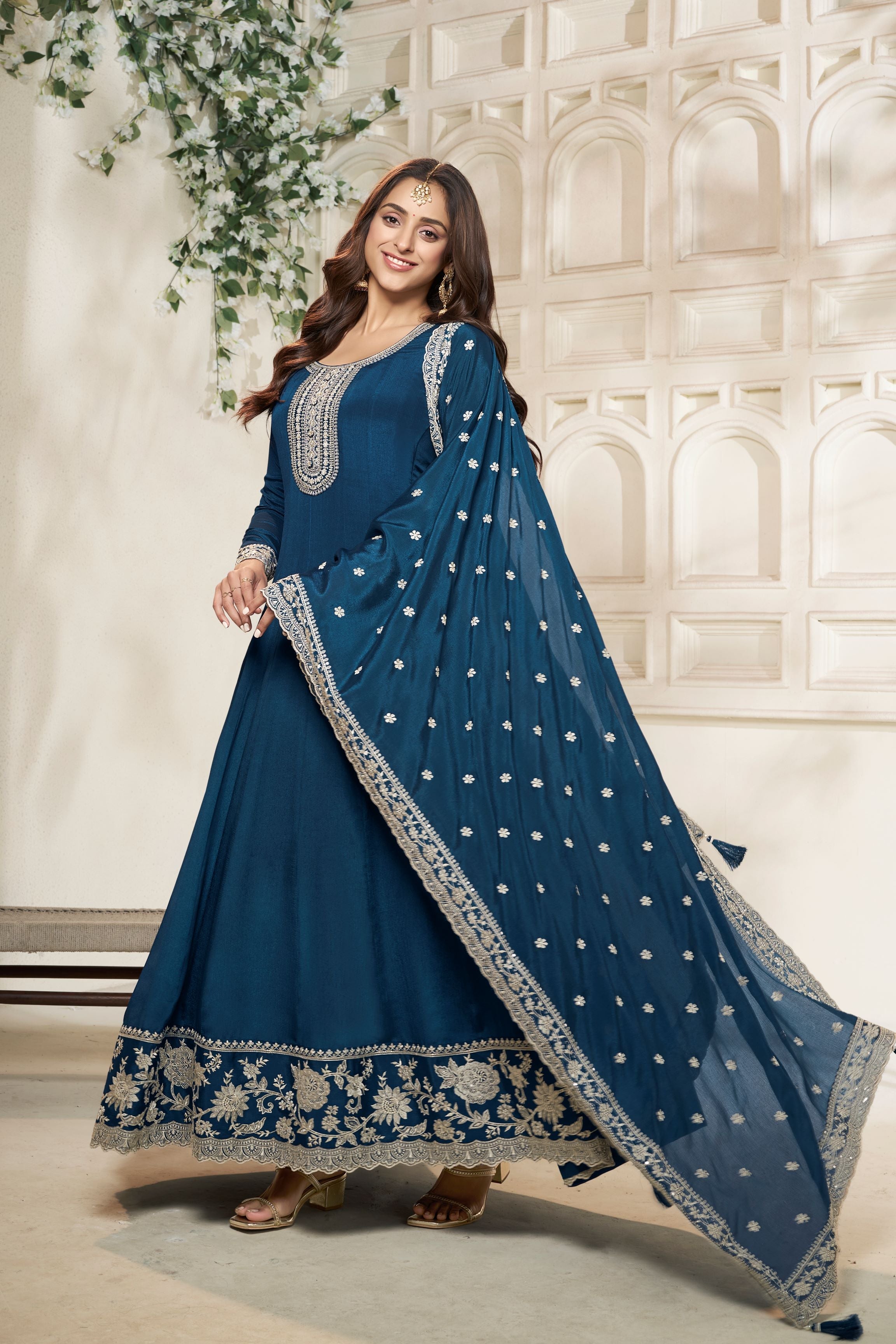 Crystal Teal Embroidered Anarkali Set