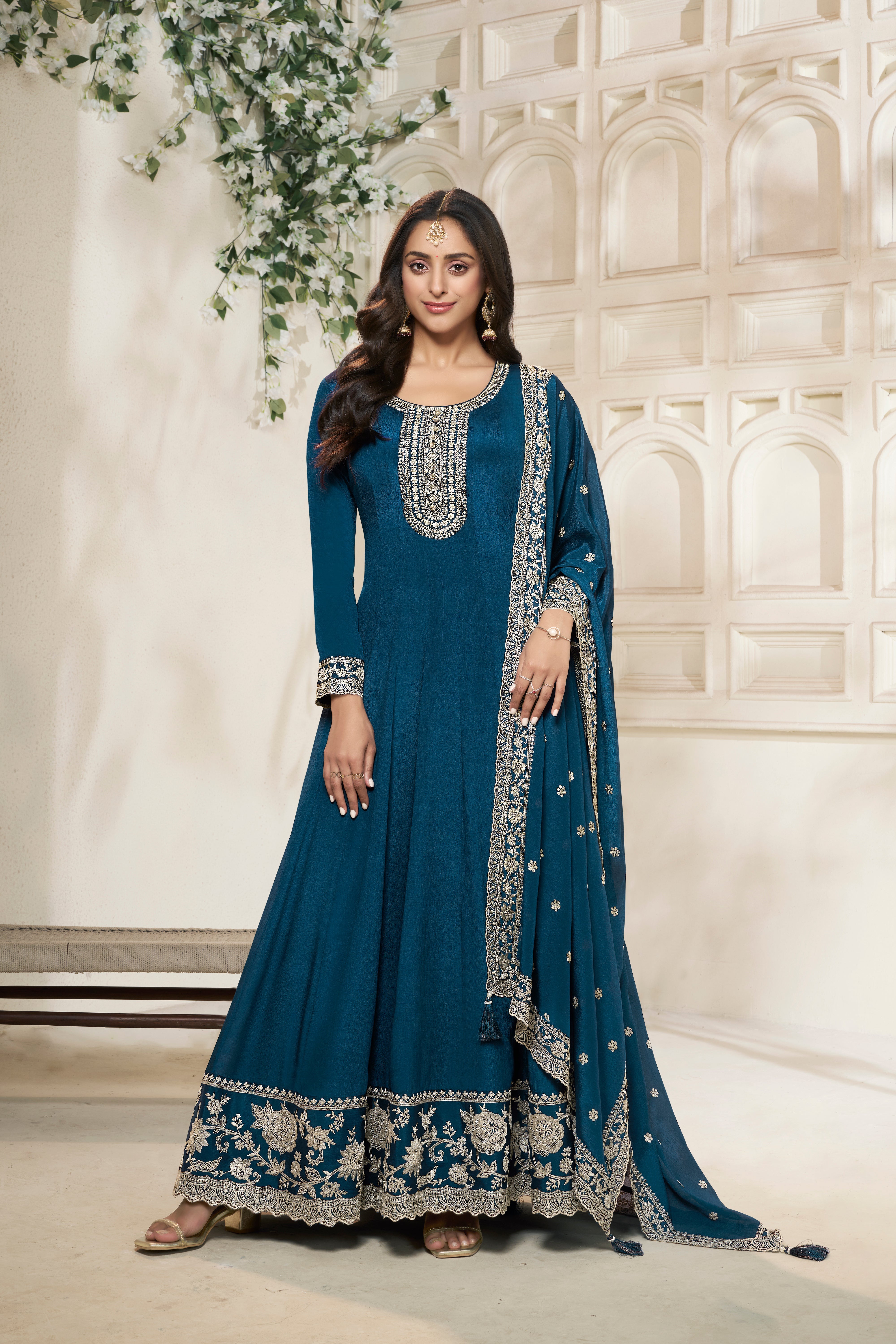 Crystal Teal Embroidered Anarkali Set