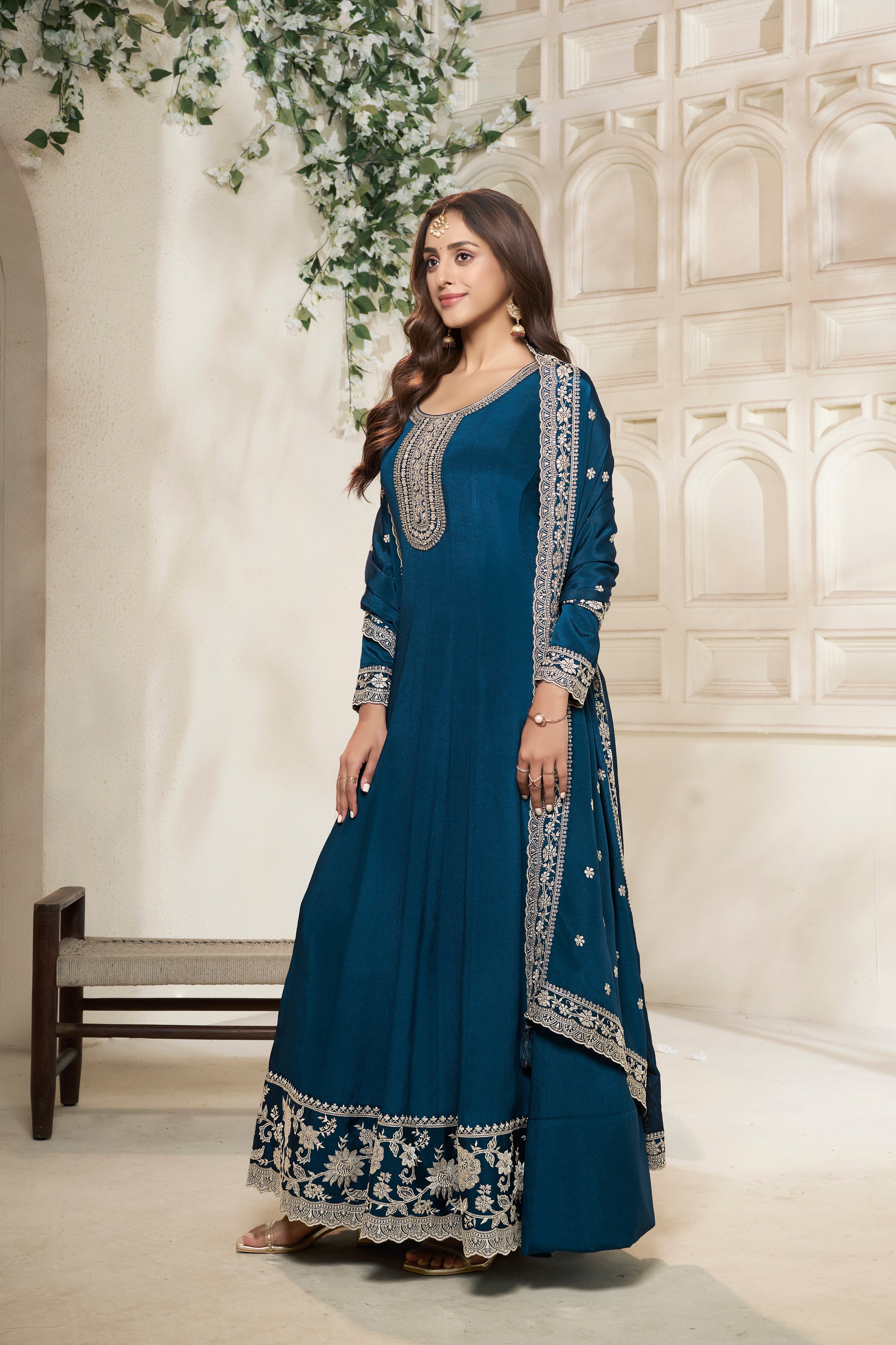 Crystal Teal Embroidered Anarkali Set