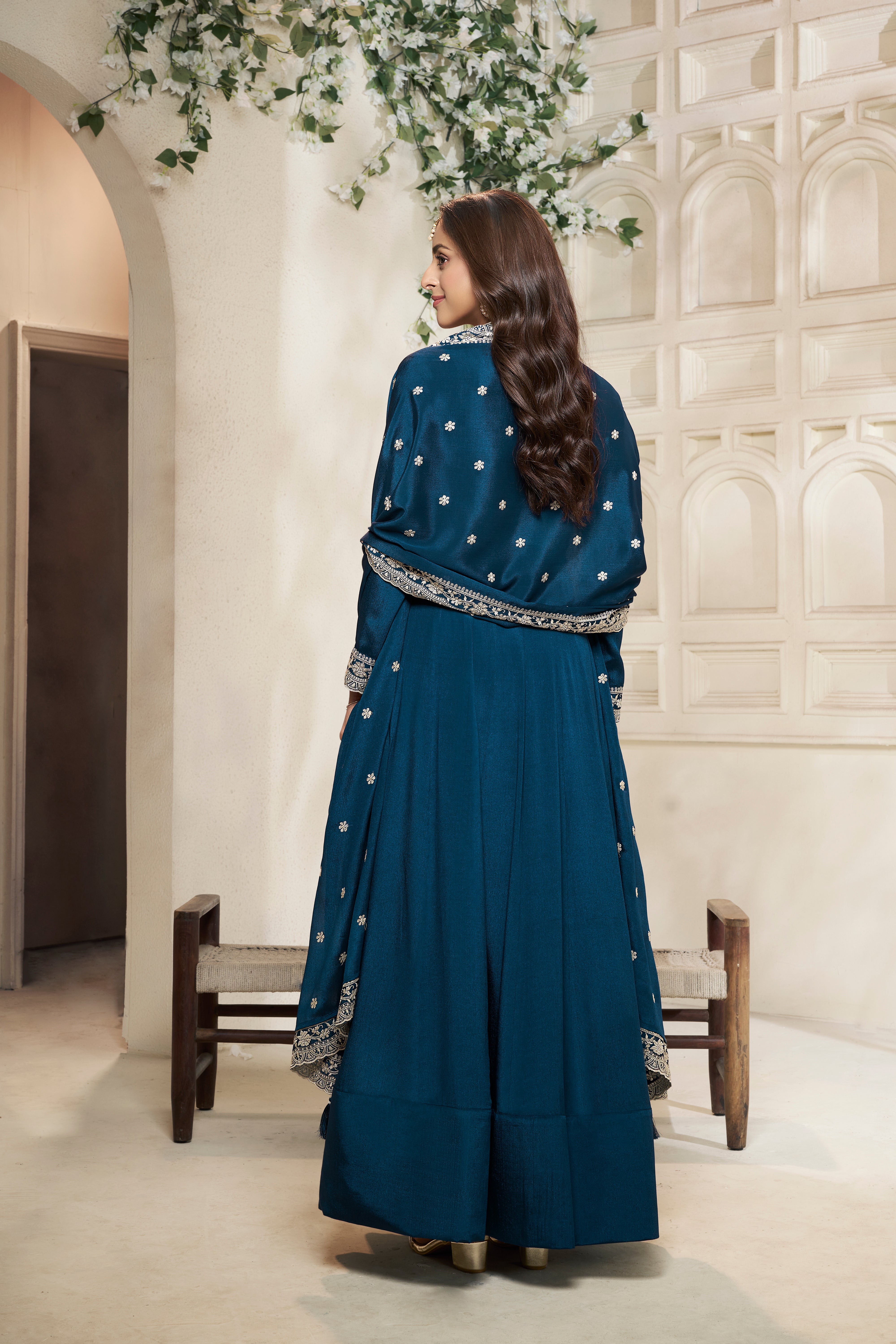 Crystal Teal Embroidered Anarkali Set