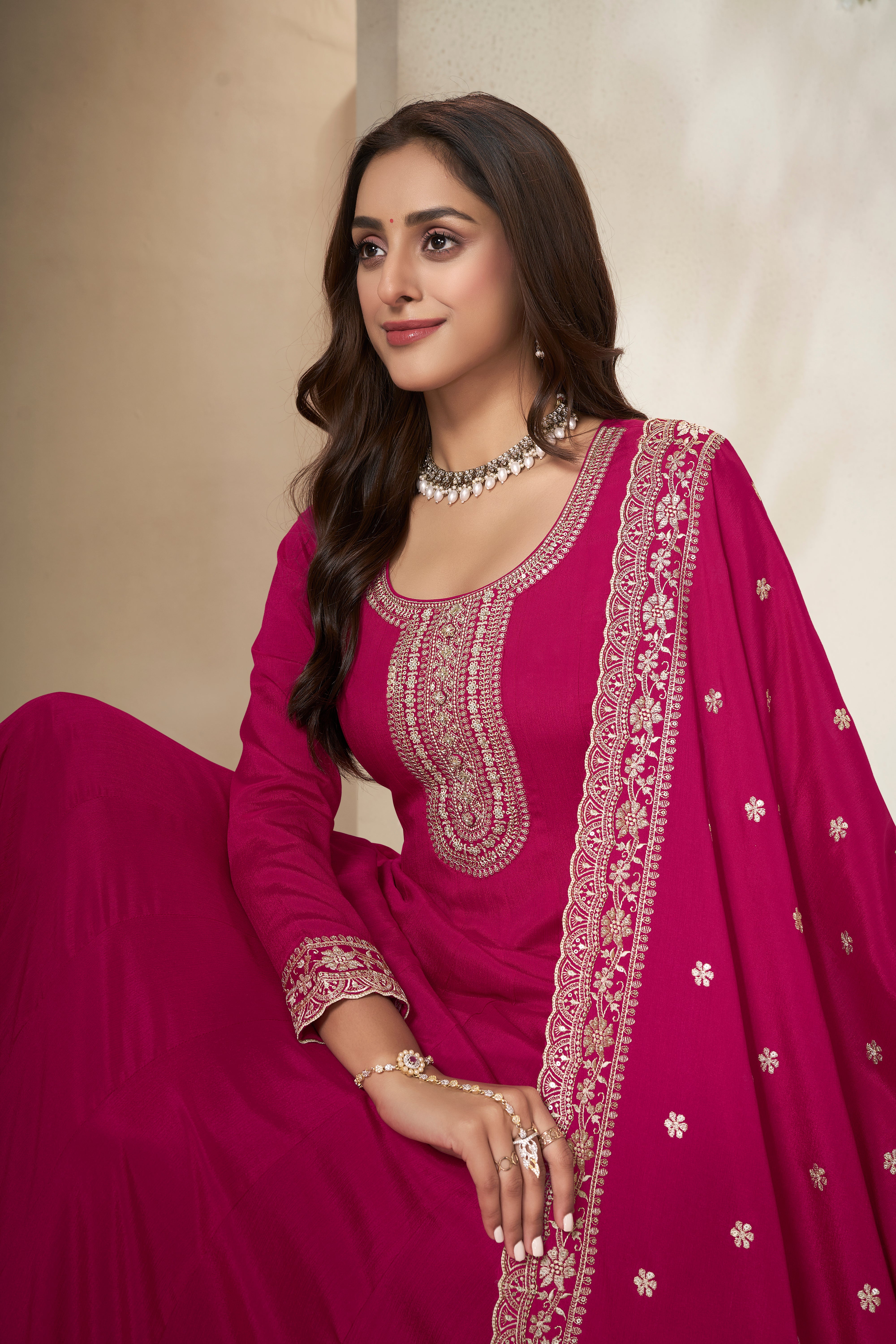 Deep Pink Embroidered Anarkali Set