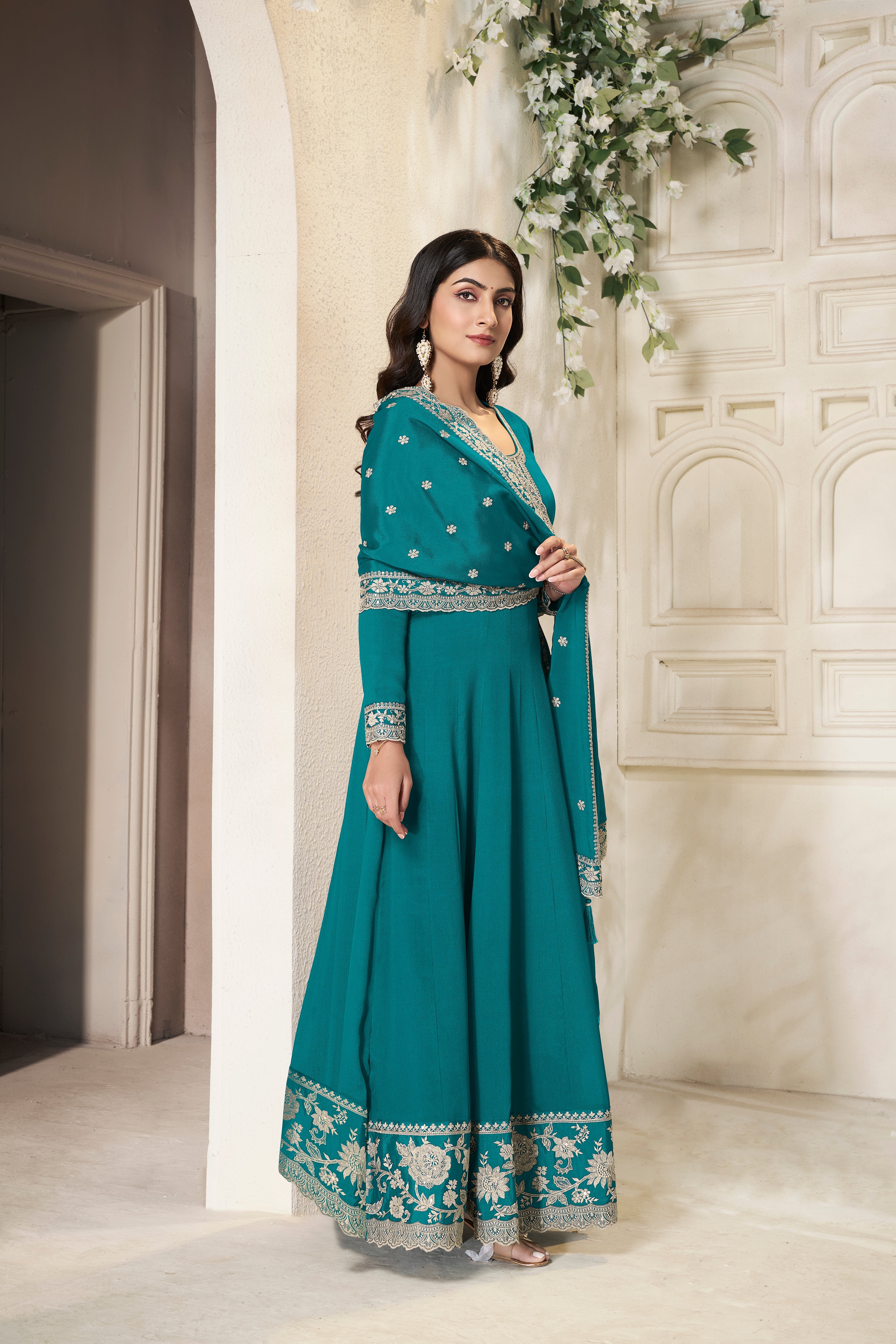 Teal Green Embroidered Anarkali Set