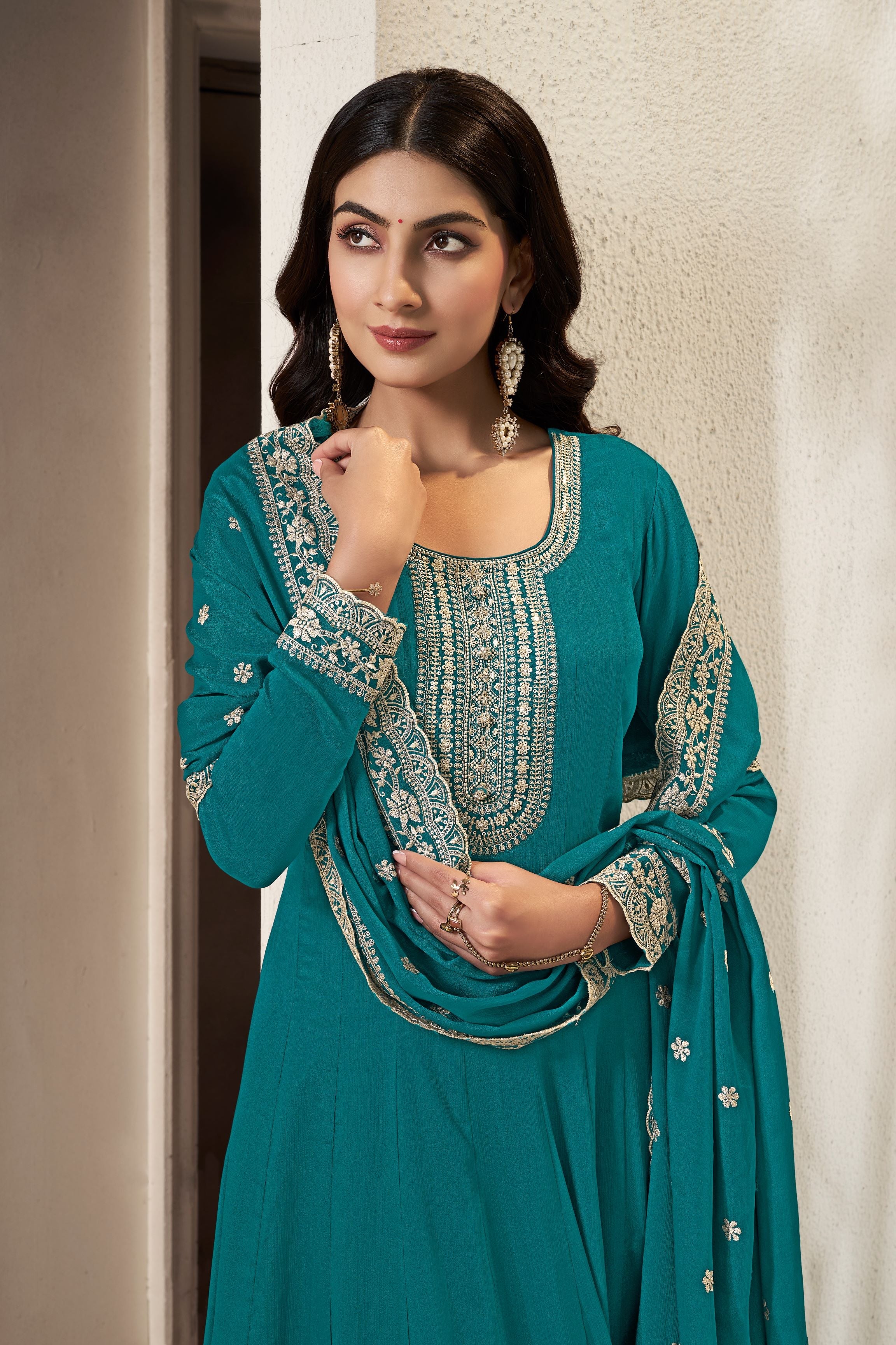 Teal Green Embroidered Anarkali Set
