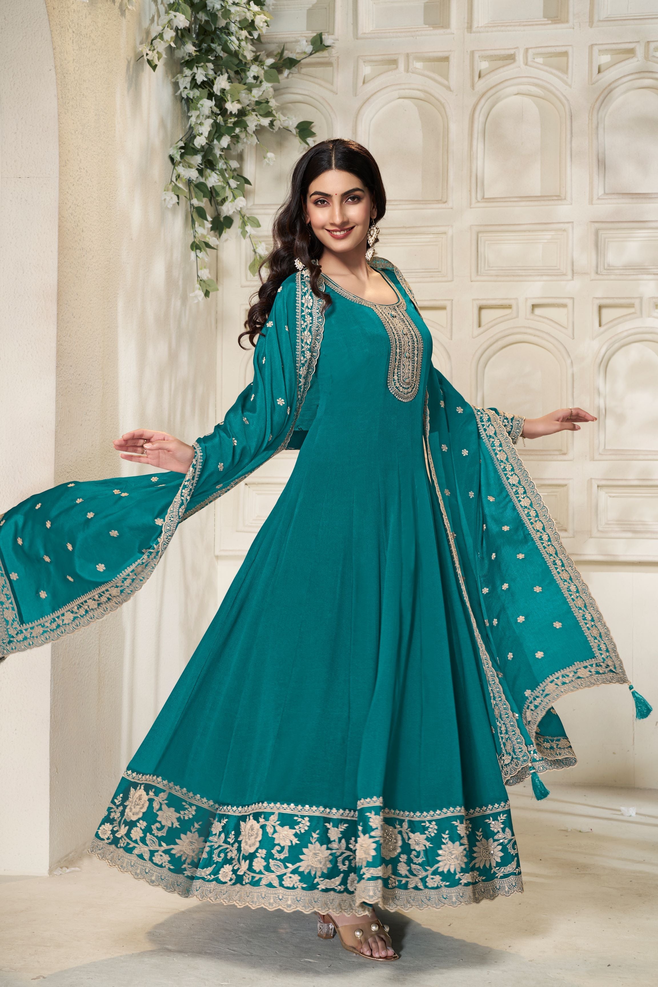 Teal Green Embroidered Anarkali Set