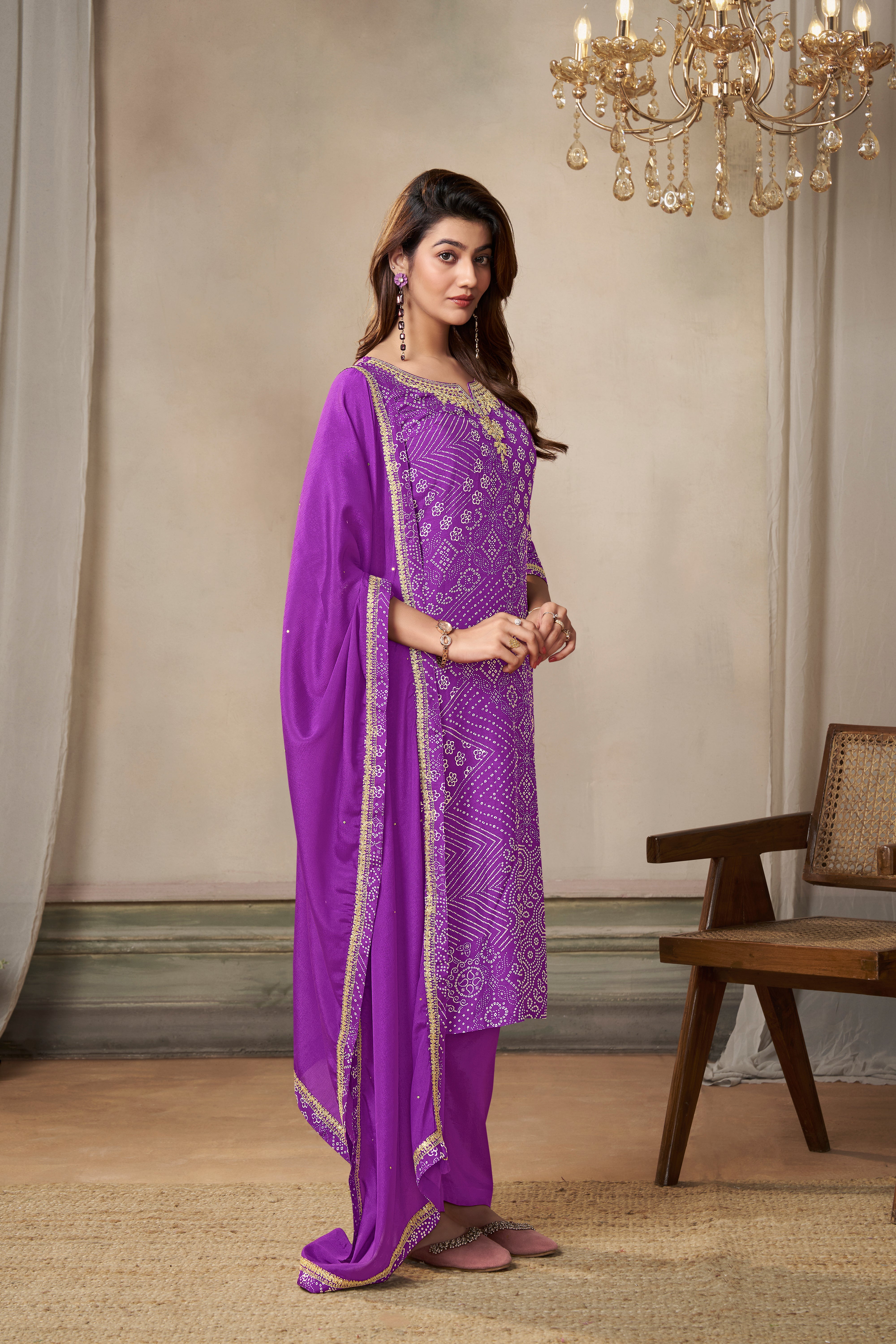 Violet Bandhani Printed Kurta & Pant Set