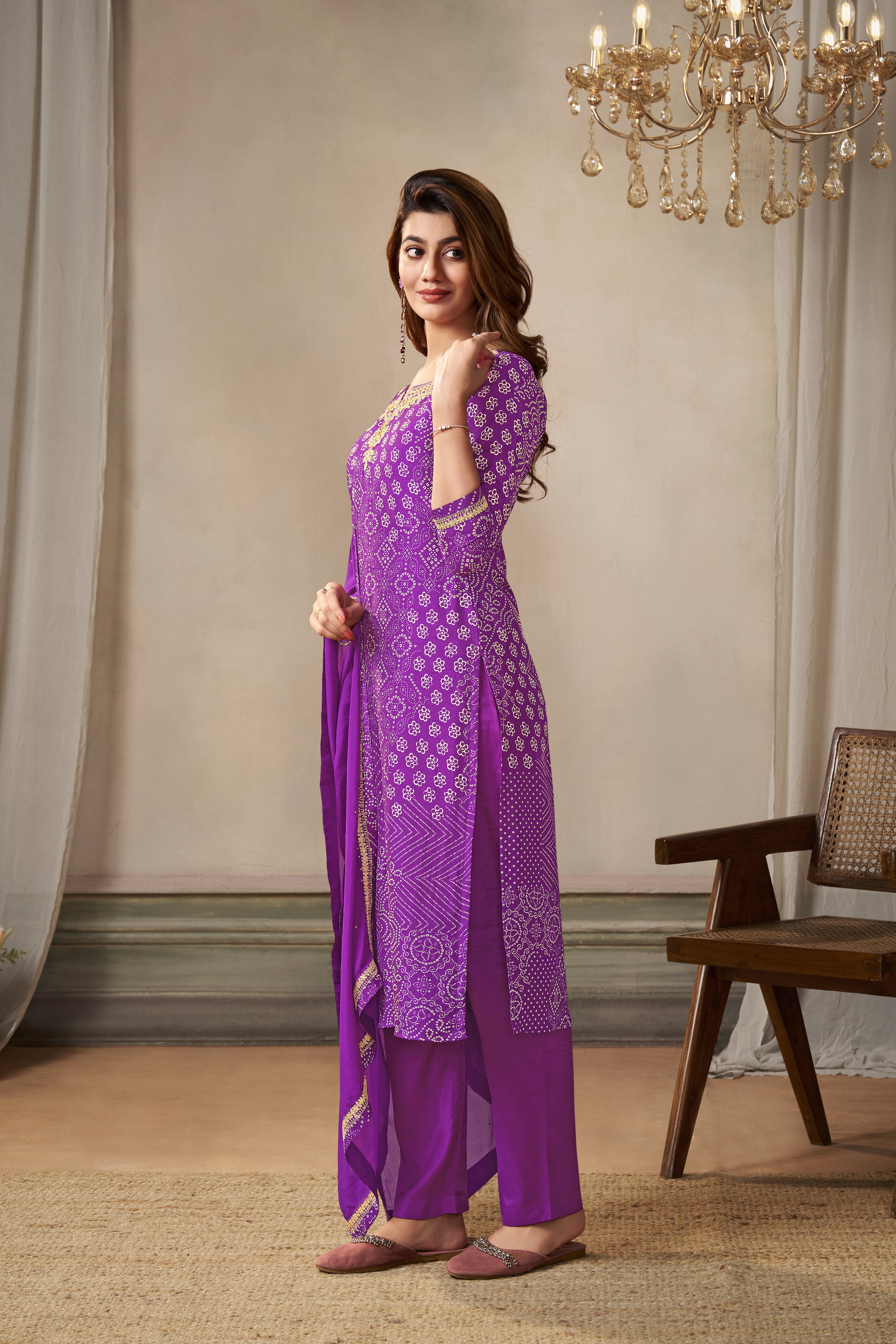 Violet Bandhani Printed Kurta & Pant Set