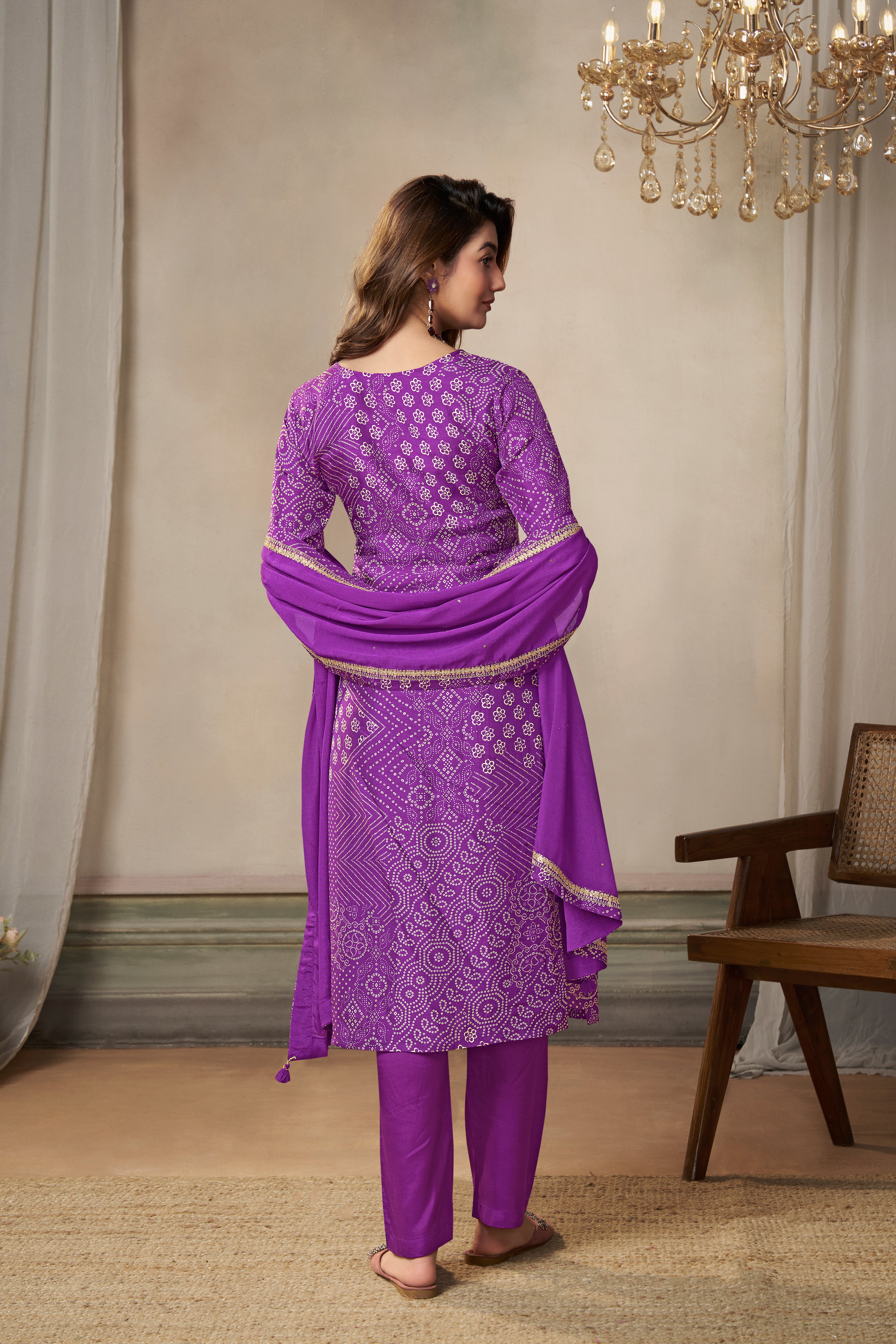 Violet Bandhani Printed Kurta & Pant Set
