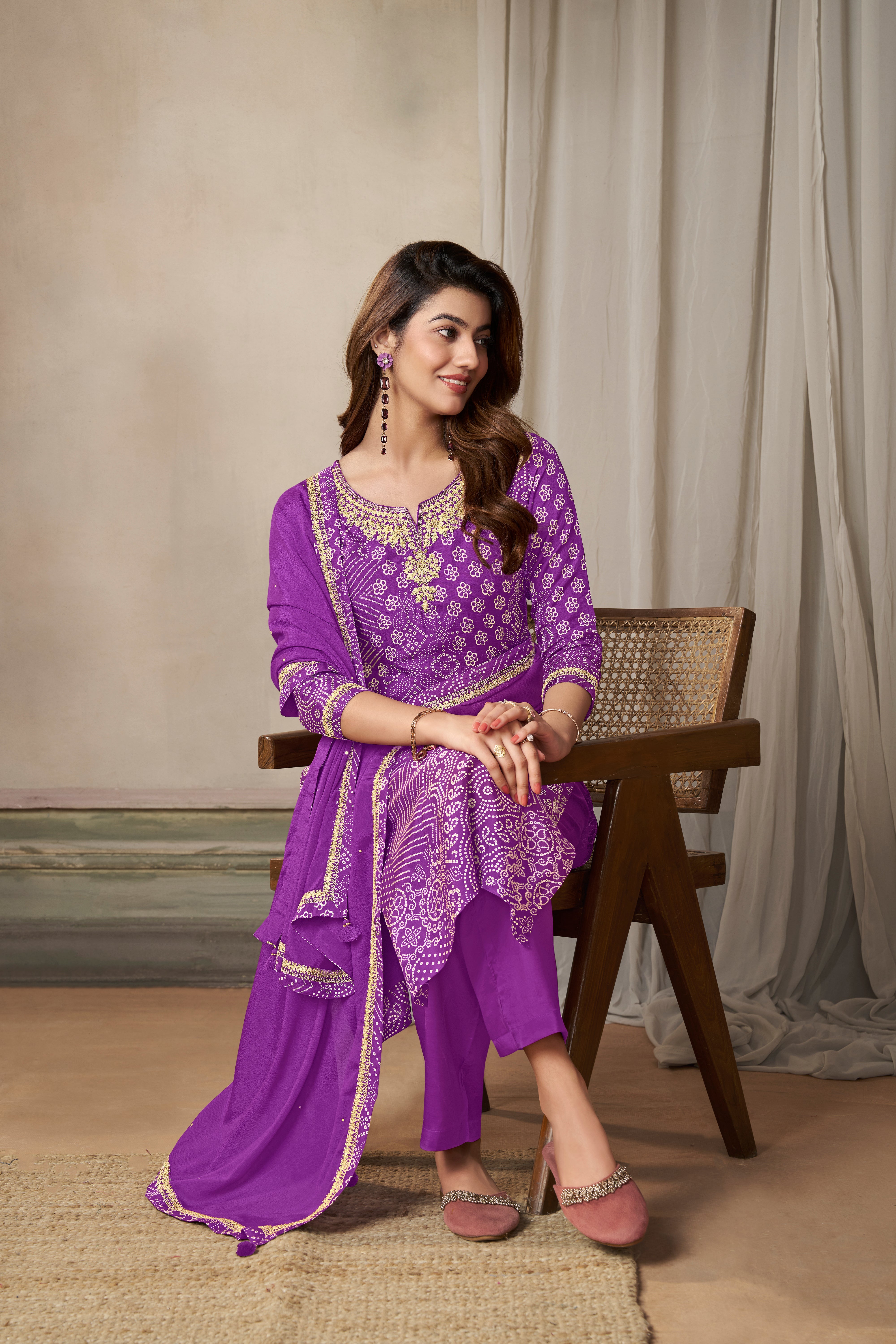 Violet Bandhani Printed Kurta & Pant Set