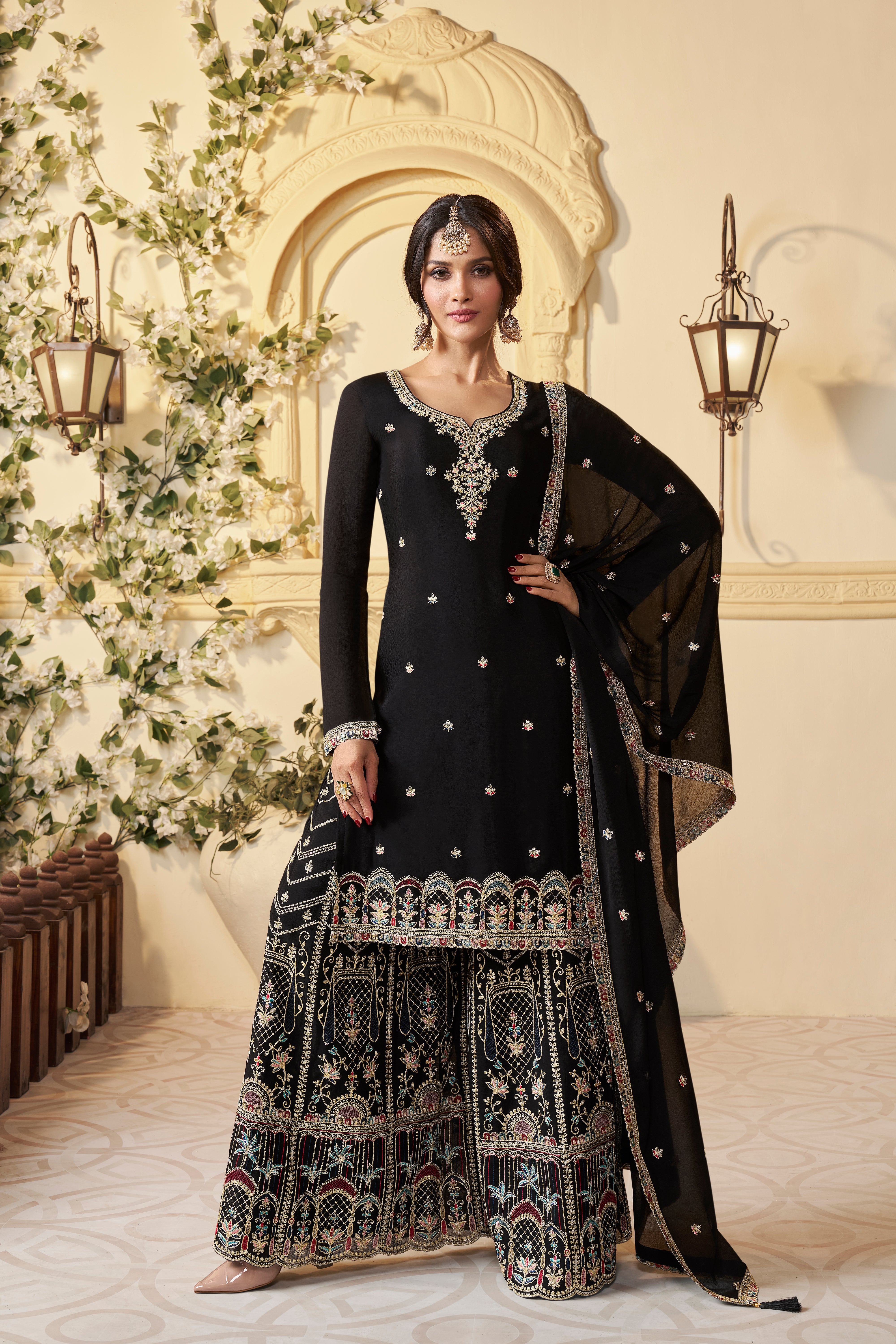 Black Chinon Silk Kurta & Palazzo Set