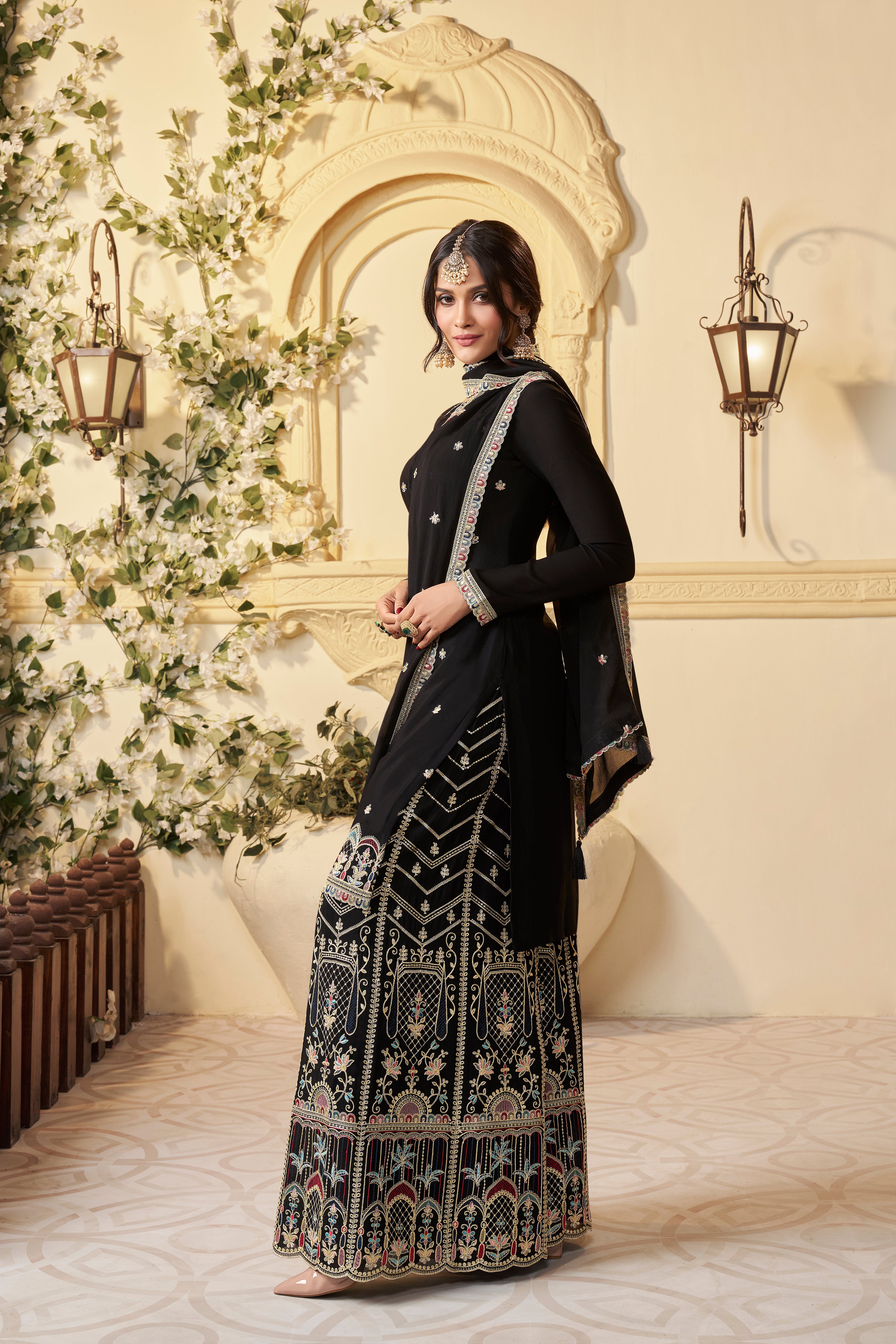 Black Chinon Silk Kurta & Palazzo Set
