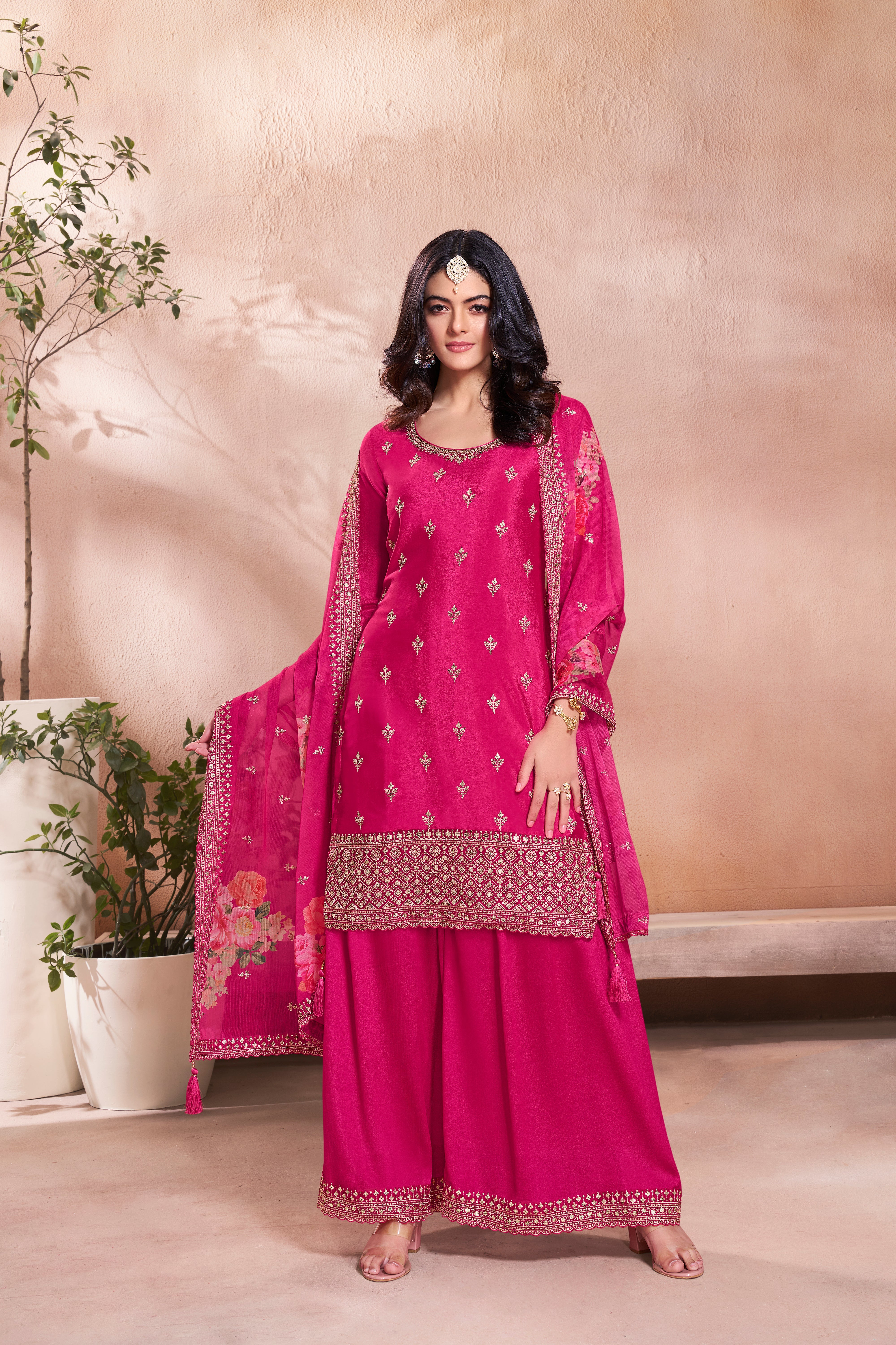 Pink Chinon Silk Kurta & Palazzo Set