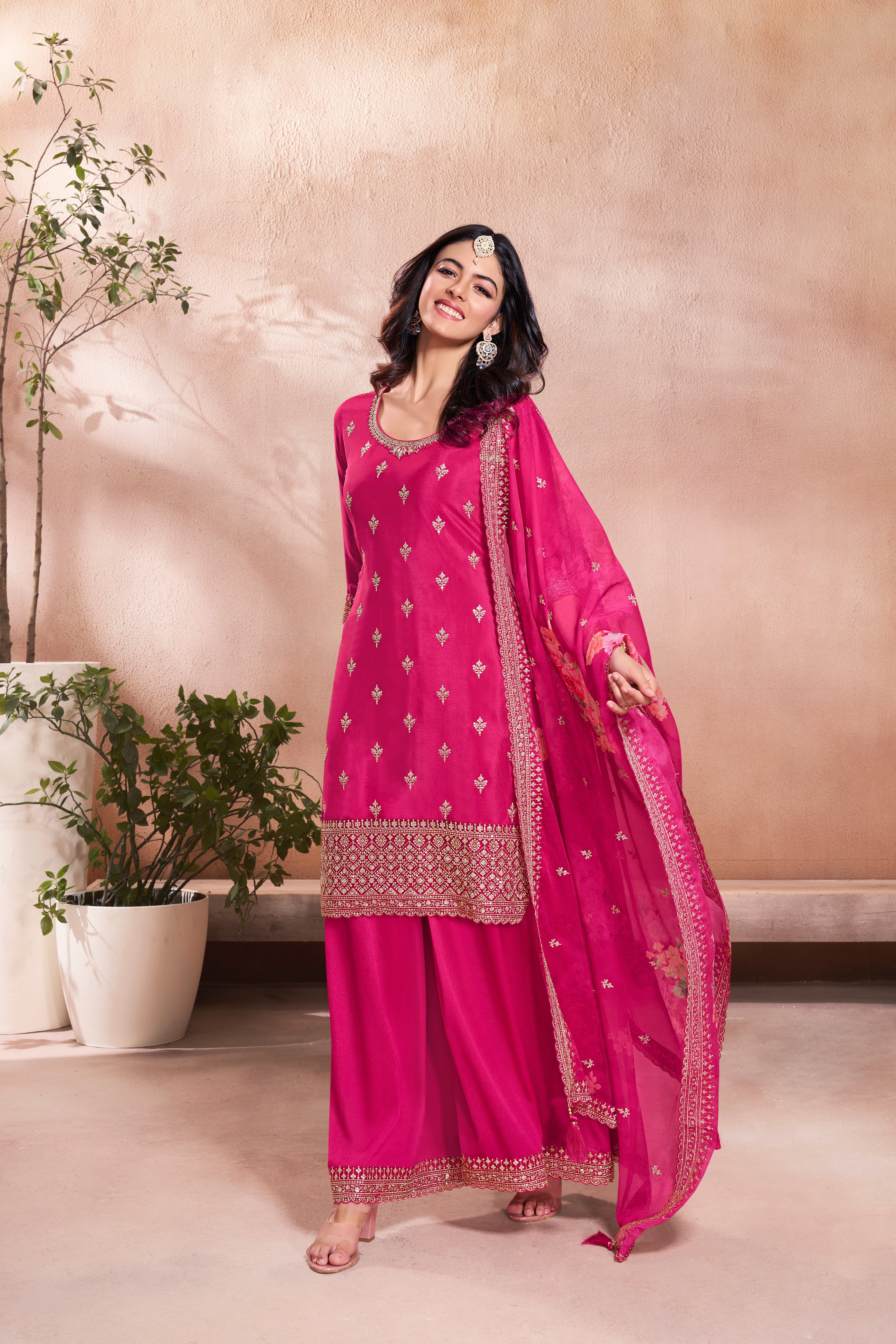 Pink Chinon Silk Kurta & Palazzo Set
