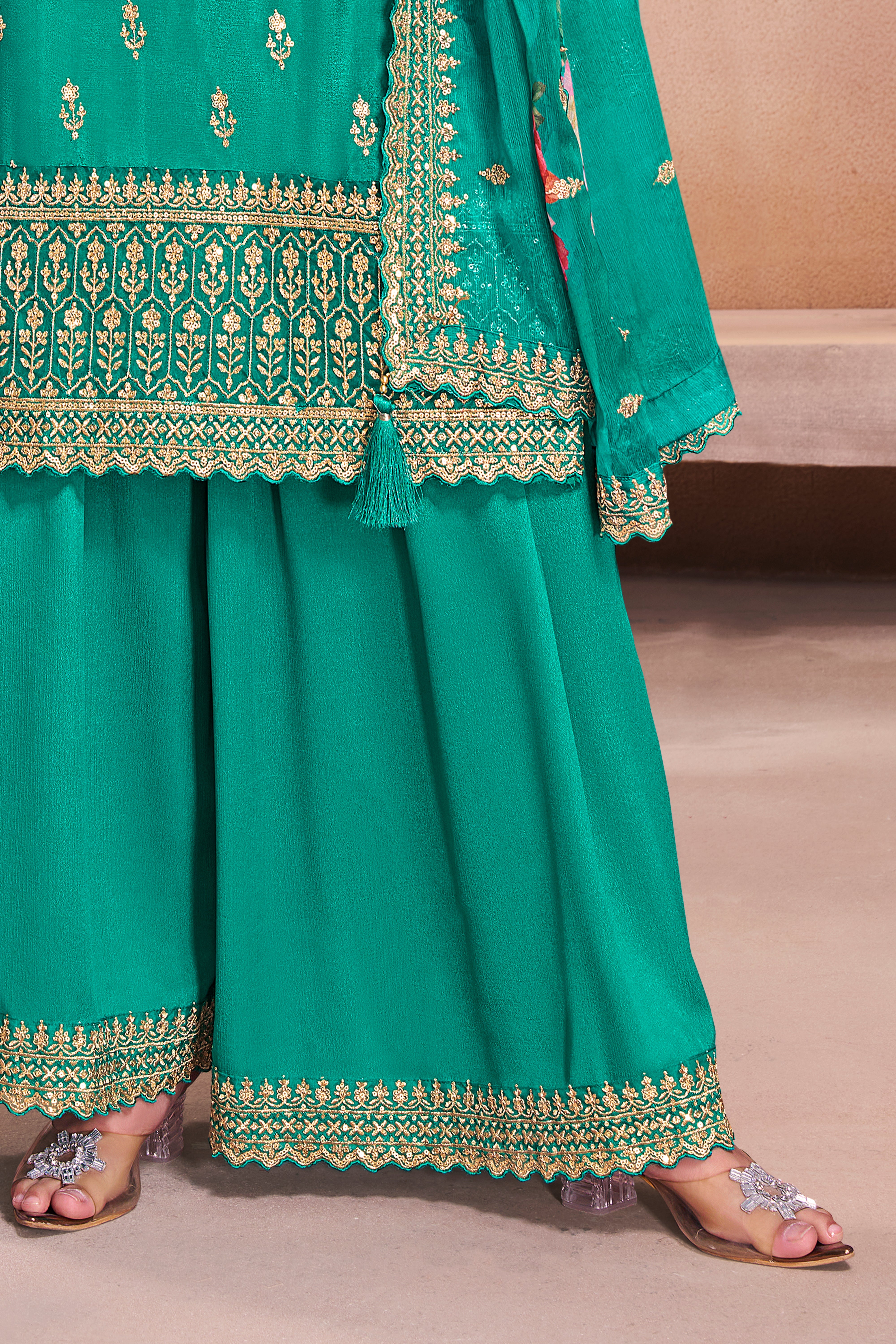 Turquoise Chinon Silk Kurta & Palazzo Set