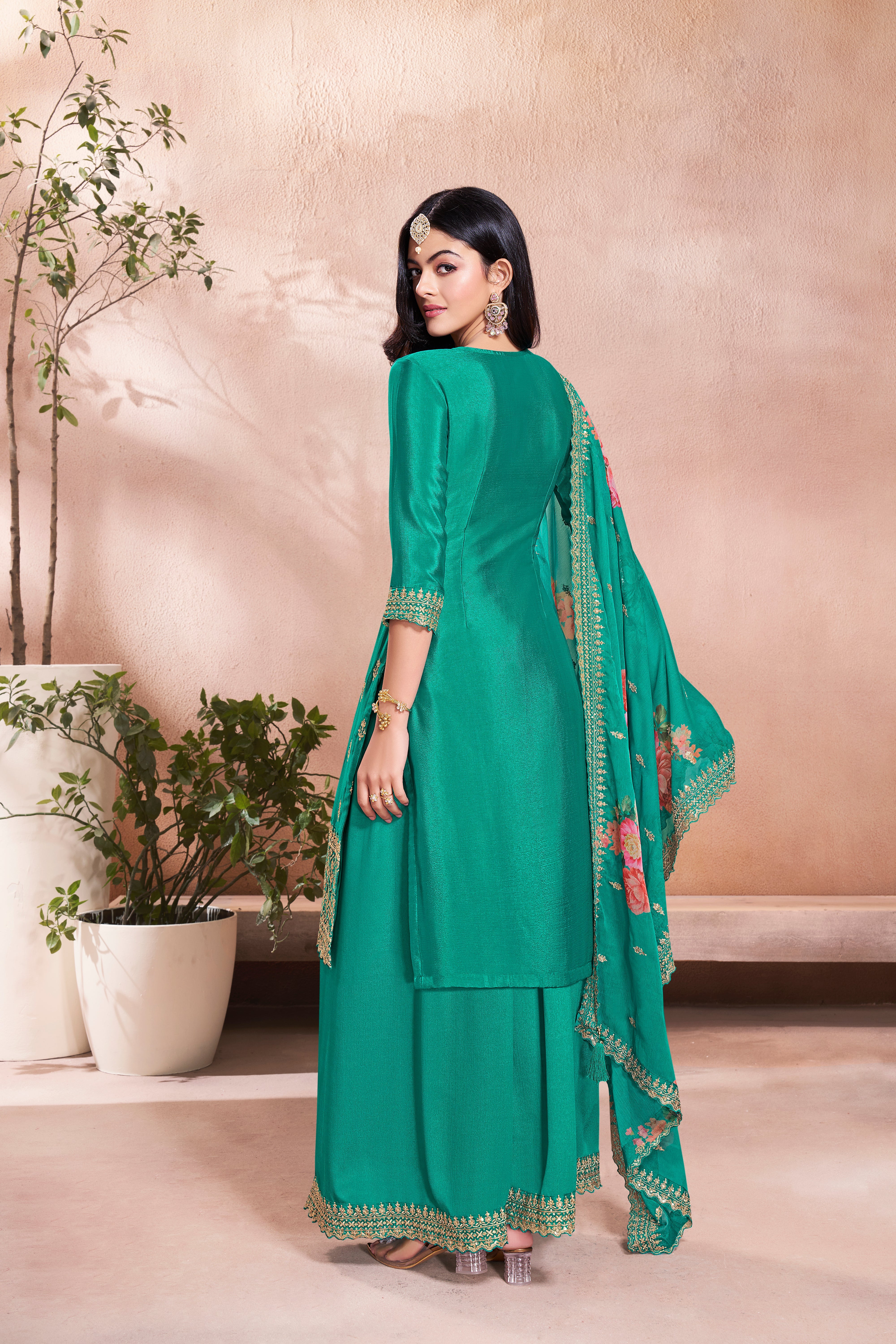 Turquoise Chinon Silk Kurta & Palazzo Set