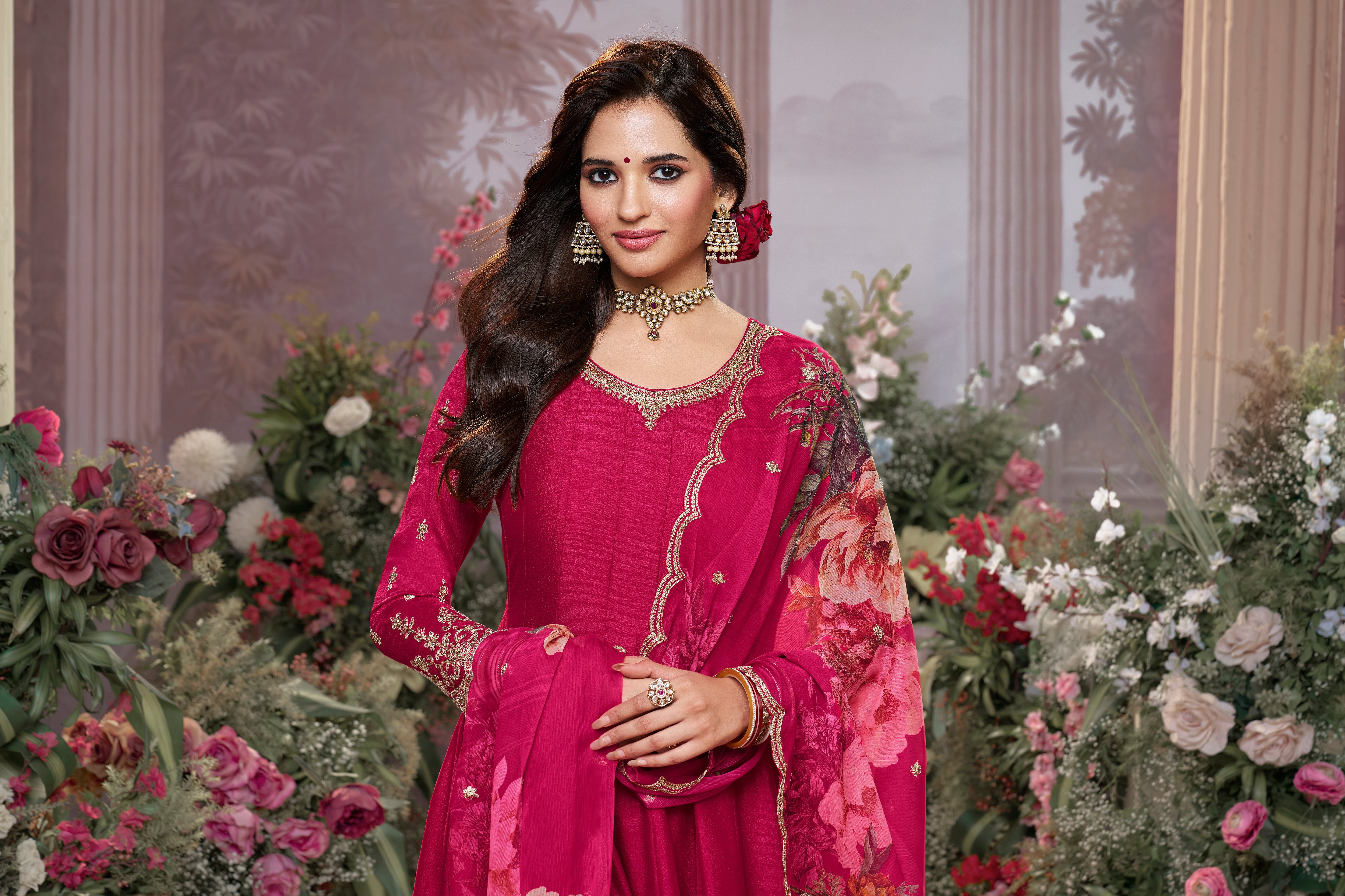 Rani Pink Embellished Raw Silk Anarkali Set