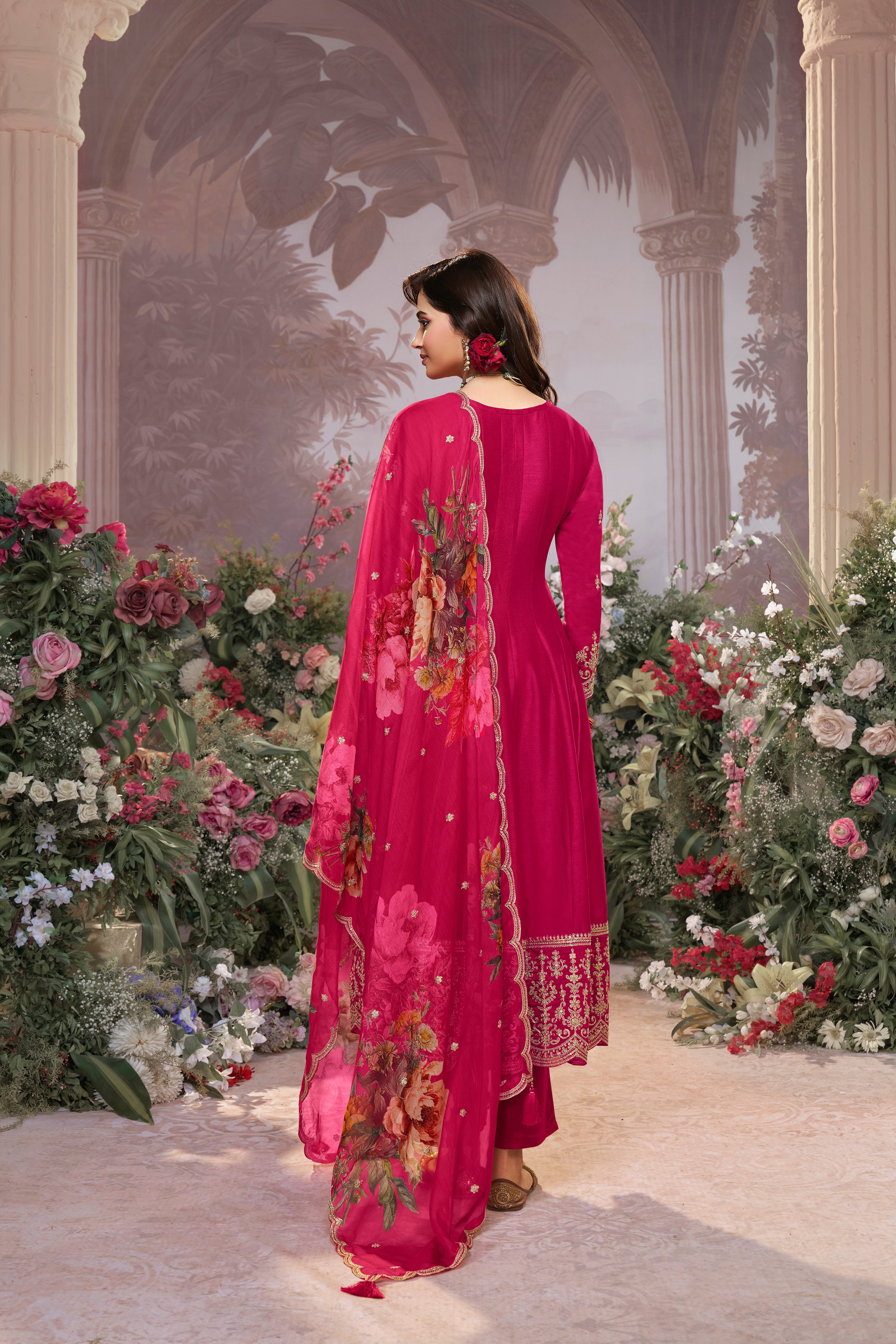 Rani Pink Embellished Raw Silk Anarkali Set